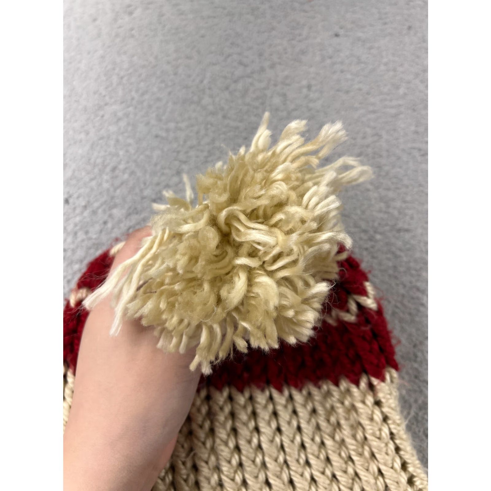 Vintage Handmade Beanie Toque Adult One Size Ivory Red Stripe Knit Acrylic Snow Ski Pom Hat Unisex Adults Winter Seasonal Mens Womens Size ONE SIZE - 3 Thumbnail