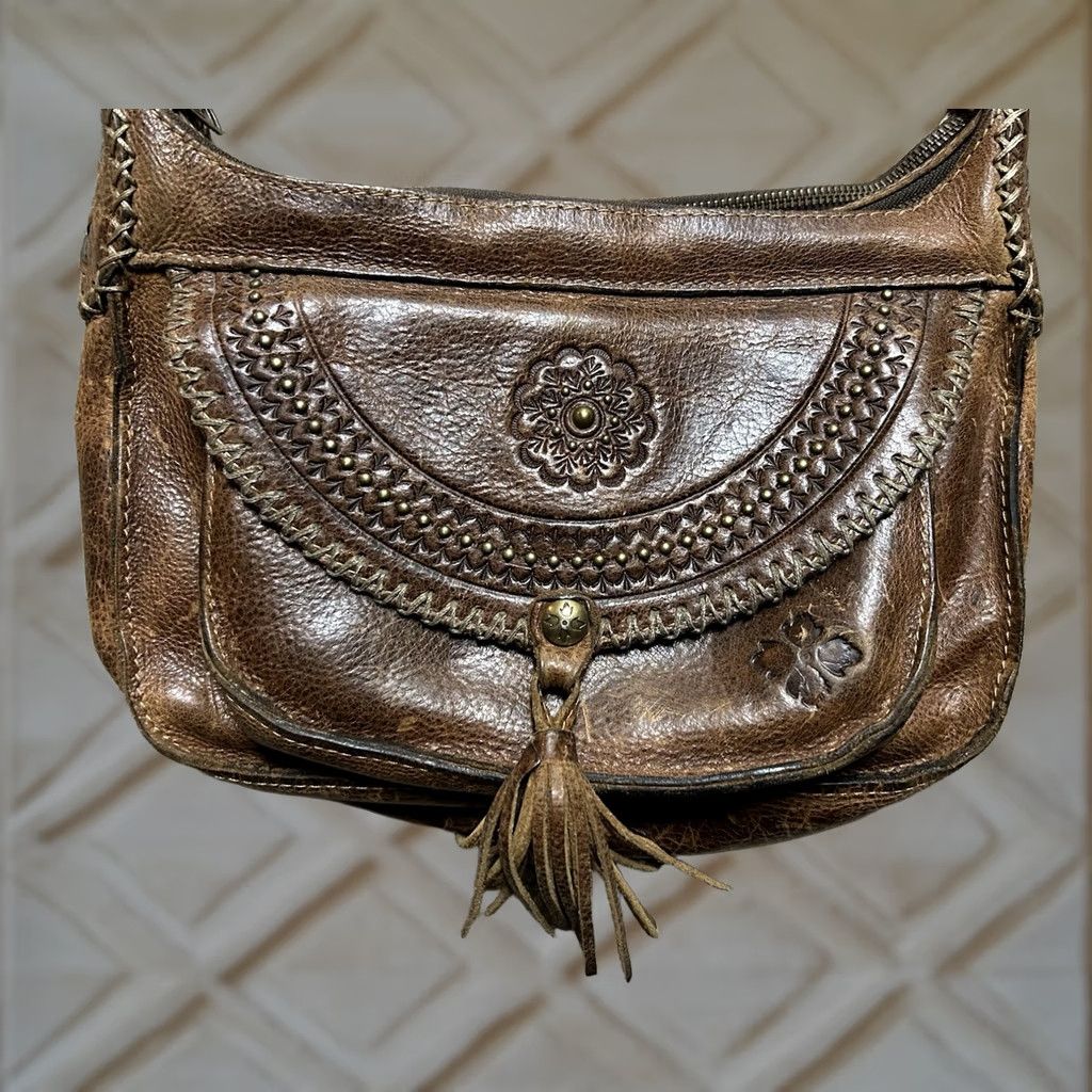 Patricia Nash Patricia Nash Camila Cognac Brown Leather Crossbody Bag Hobo Tassel Zip Women Medium Brown Studded Suede Lining Vintage No Size ONE SIZE - 1 Thumbnail