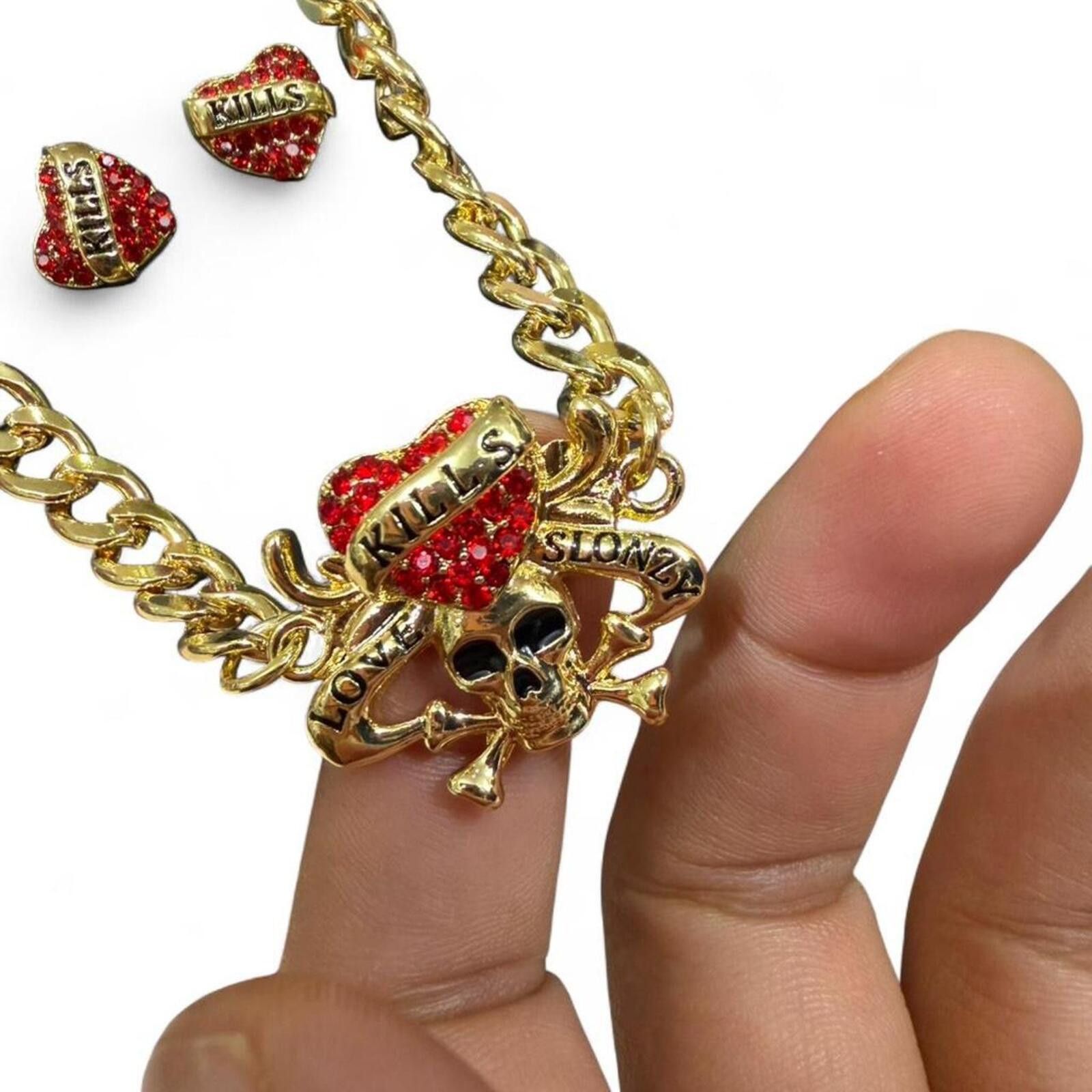 Ed Hardy Ed Hardy red and gold skull design necklace and earring set Size ONE SIZE - 2 Thumbnail