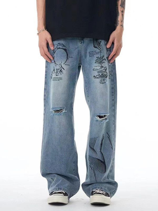 Japanese Brand Street fashion printed graffiti men's ripped jeans Size US 32 / EU 48 - 1 Thumbnail