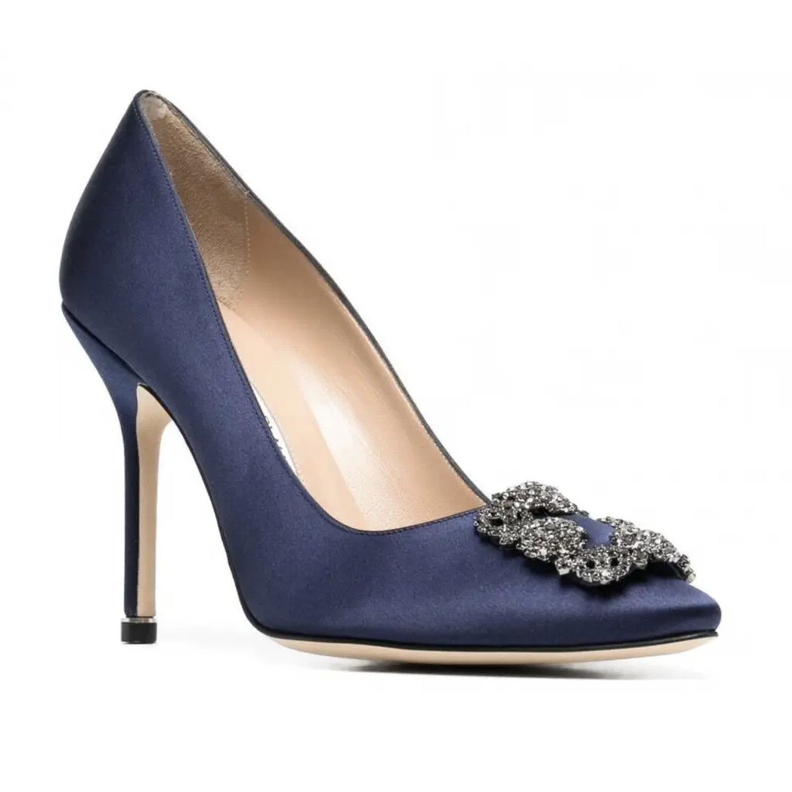 Manolo Blahnik Hangisi 105 Navy Satin Crystal Jewel Buckle Heel Pump 40 Size US 10 / IT 40 - 3 Thumbnail