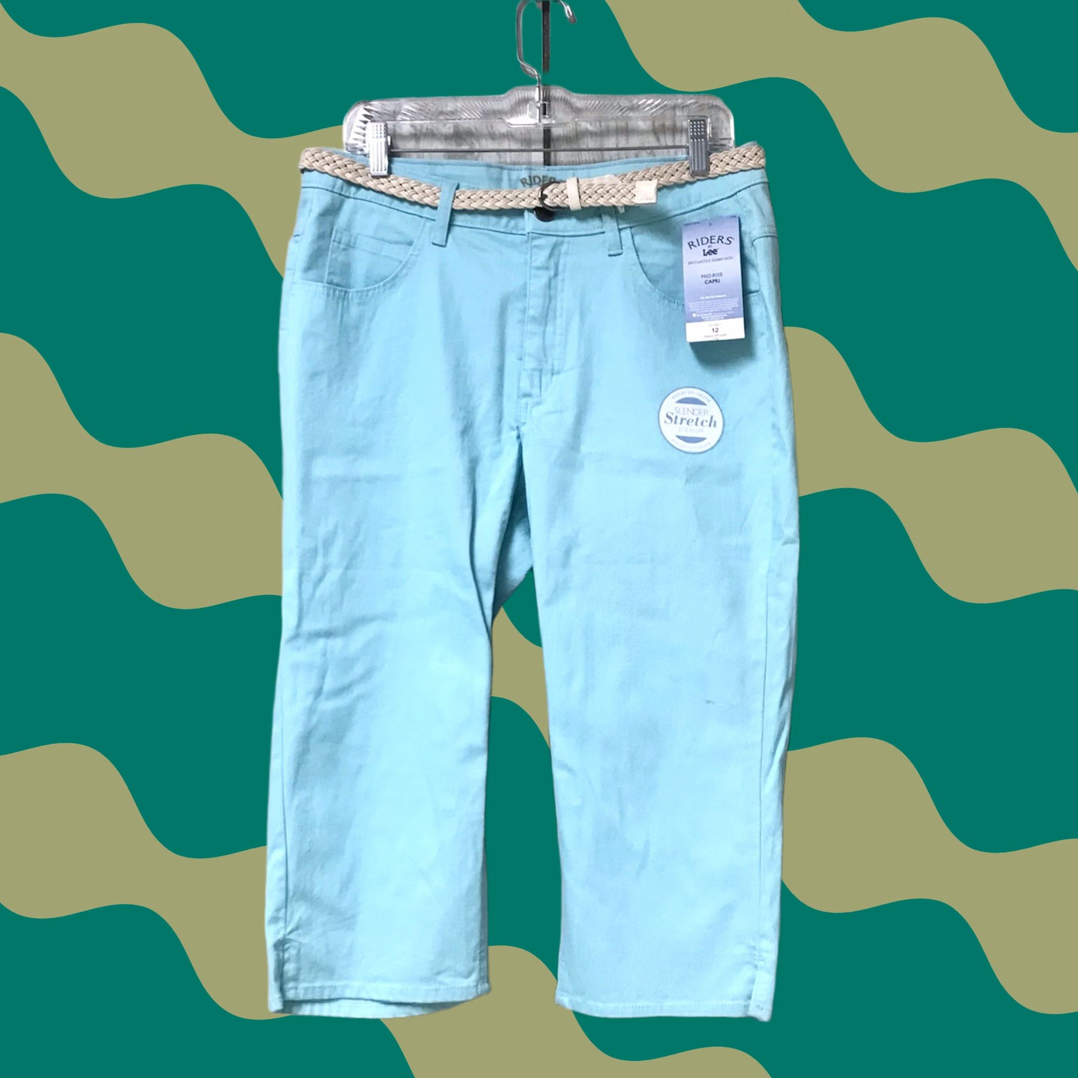 Lee Riders by Lee Women Capri Aqua Splash Slender Stretch Denim Mid Rise Belted 12 Jeans Regular 5-Pocket Inseam 19" Blue Belt Included Size ONE SIZE - 1 Thumbnail