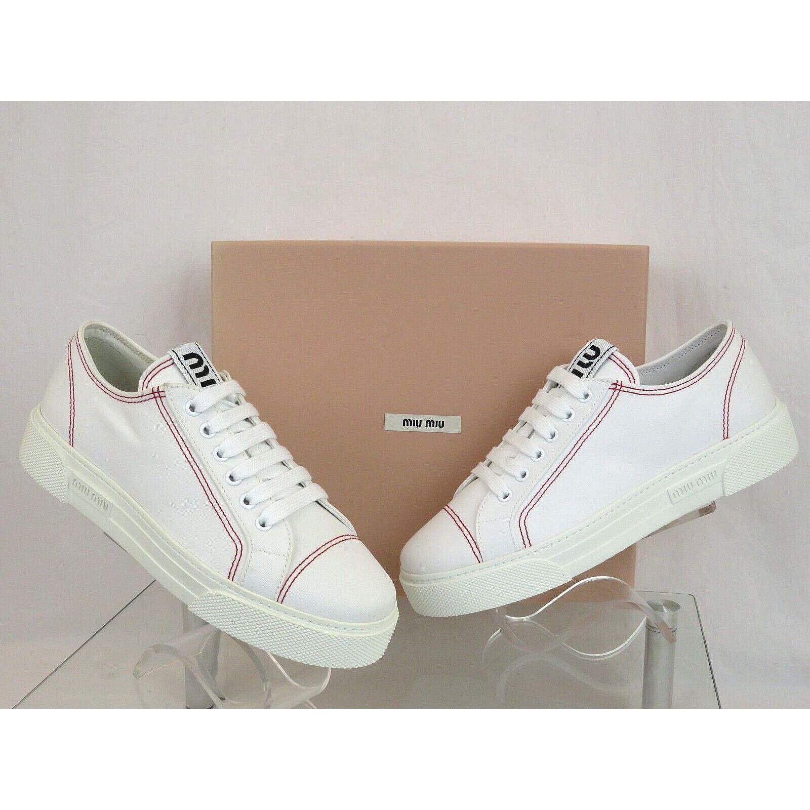 Miu Miu 5E004D WHITE CANVAS RED STITCHING LOGO LACE SNEAKERS 40 Size US 10 / IT 40 - 6 Thumbnail