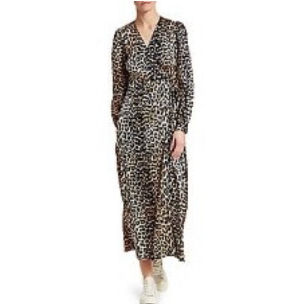 Ganni GANNI Stretch Silk Satin Leopard Wrap Dress, 4 Size S / US 4 / IT 40 - 1 Thumbnail