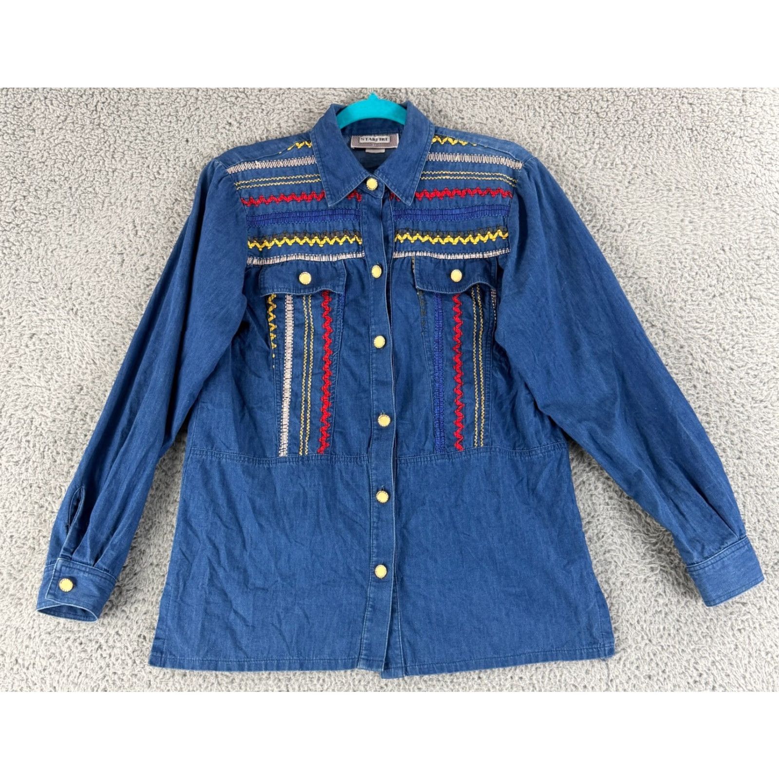 Denime Starfire Button-Up Shirt Womens Medium Blue Denim Embroidered Vintage LS Justin? Size M / US 6-8 / IT 42-44 - 2 Thumbnail