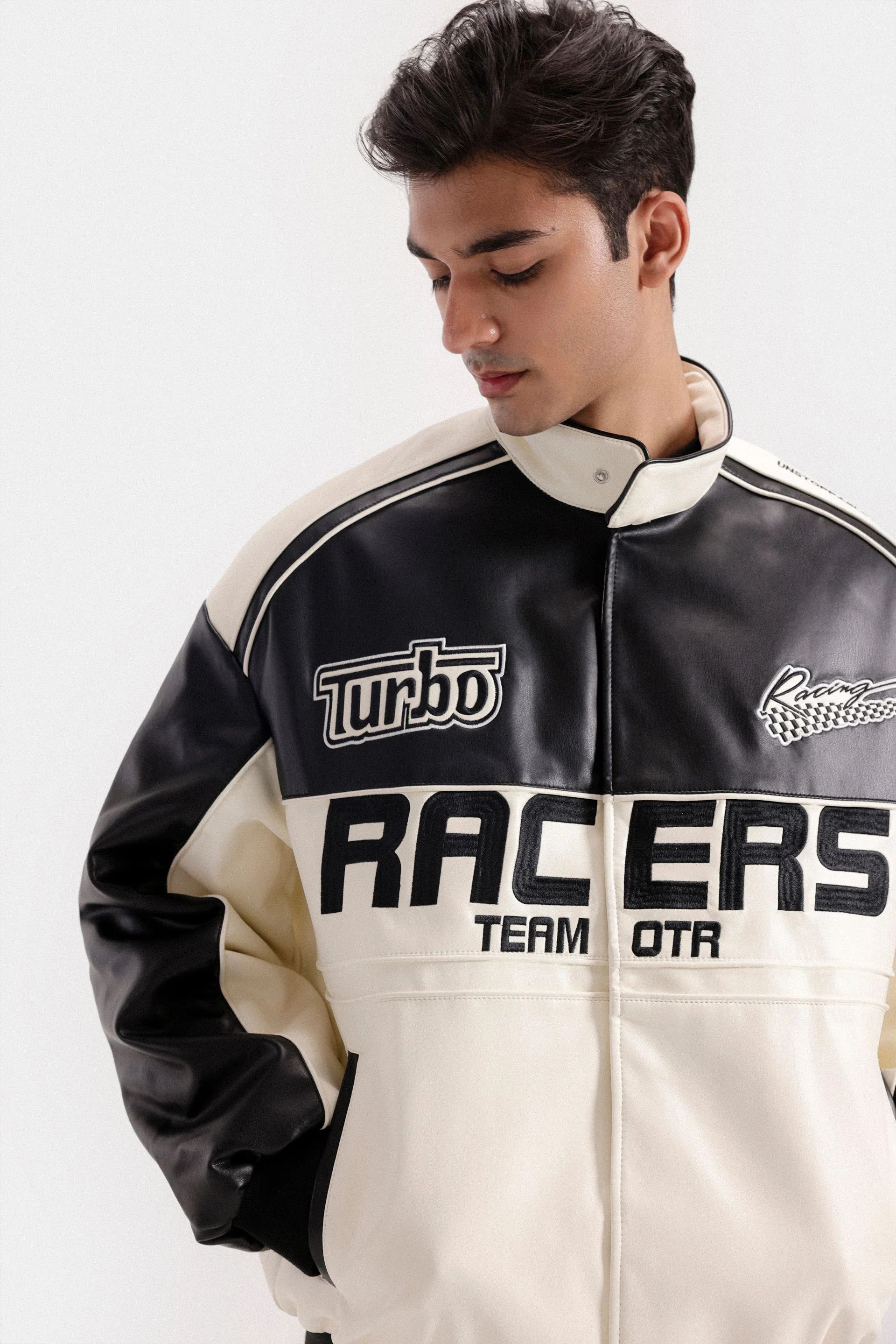 Other Black & White Faux Leather Racing Jacket Zip Up Size US L / EU 52-54 / 3 - 6 Thumbnail
