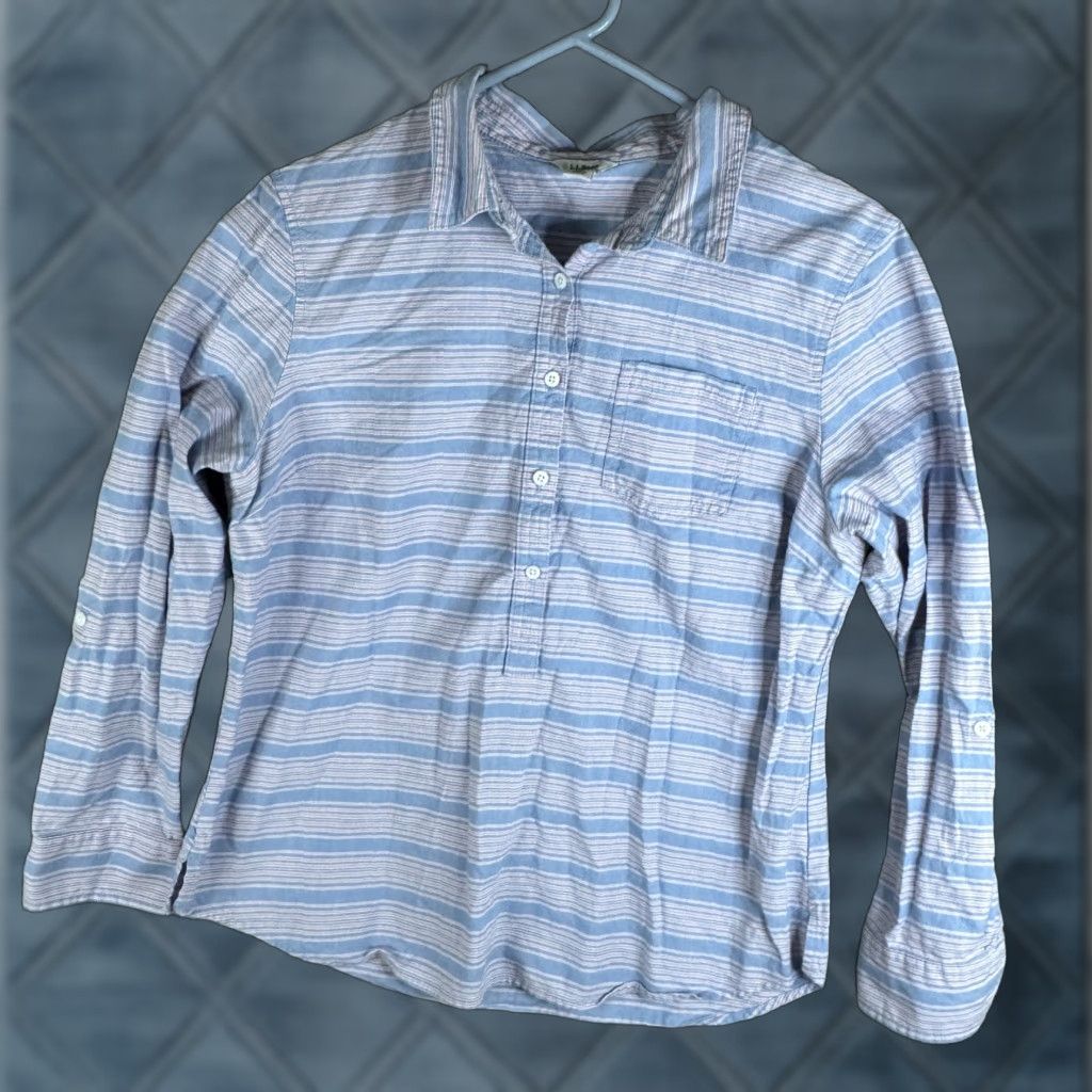Vintage L.L.Bean Shirt Womens Medium Petite Blue Striped Popover Roll Tab Sleeve Shirt Size M / US 6-8 / IT 42-44 - 1 Thumbnail