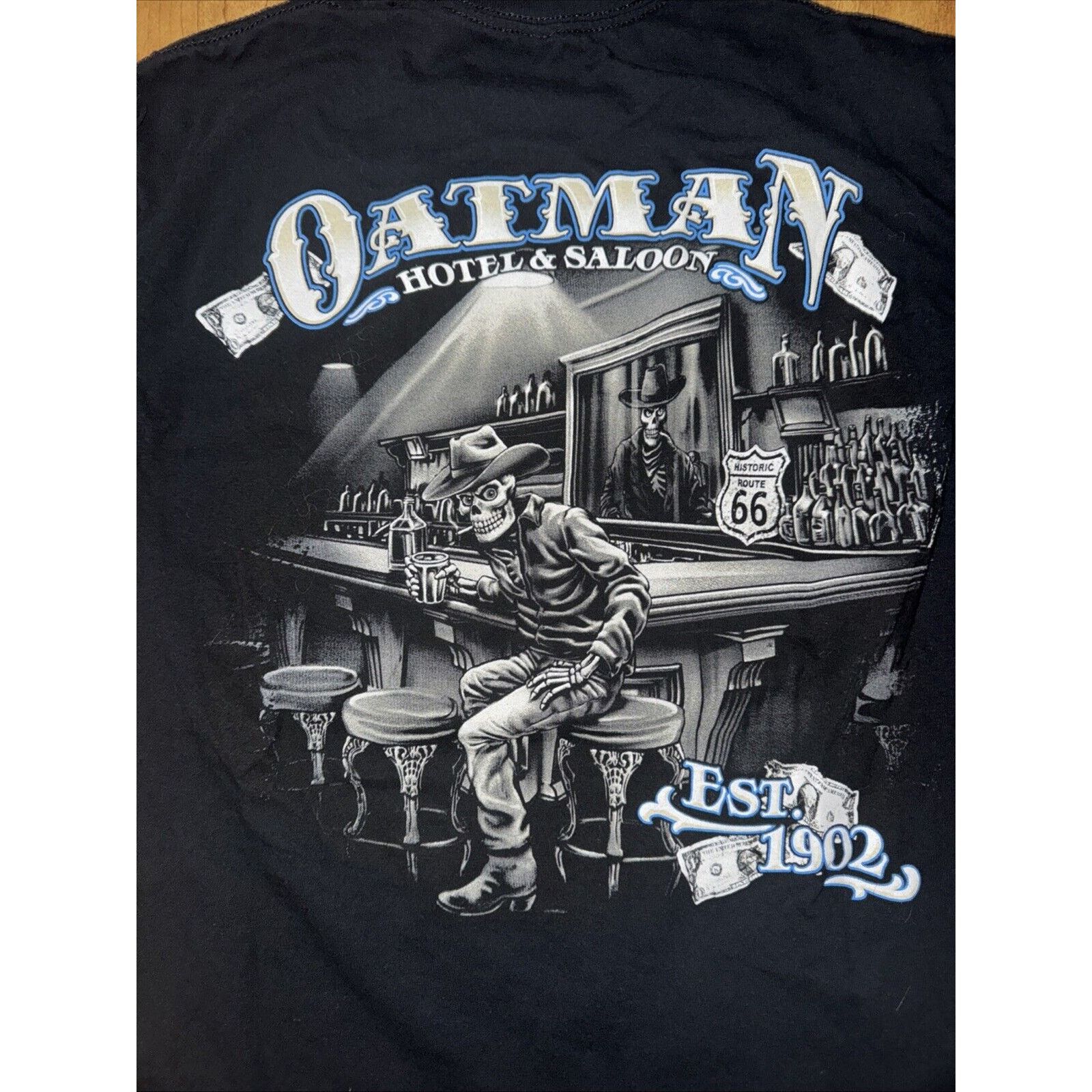 Band Tees × Harley Davidson × Vintage Oatman Hotel & Saloon Cowboy Skeleton T-Shirt Black M 18x27 Size US M / EU 48-50 / 2 - 2 Thumbnail
