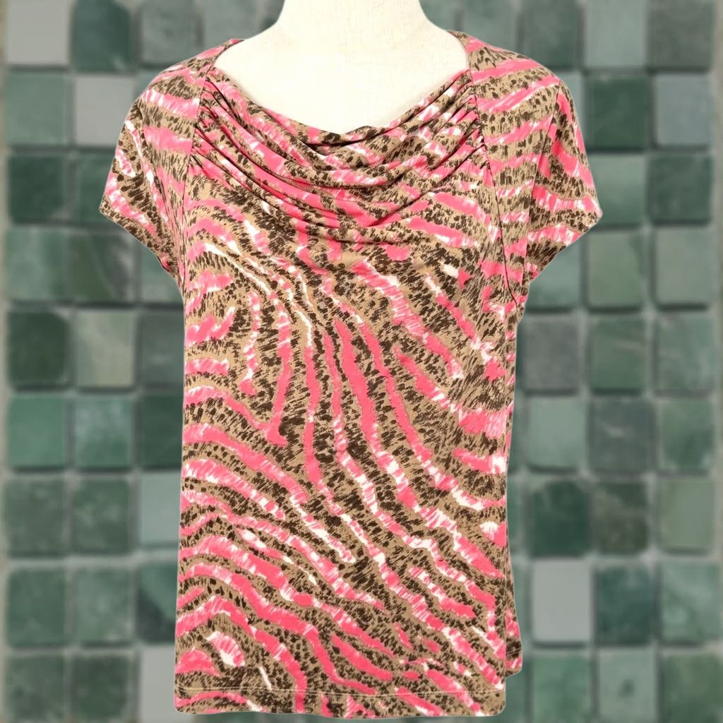 Vintage VINTAGE Jones Wear Blouse Womens L EUC Pink Tan Animal Print Cowl Neck Mob Wife Y2K Animalier Size L / US 10 / IT 46 - 1 Thumbnail