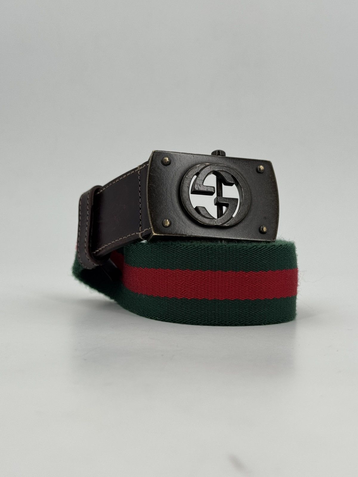 Gucci Gucci Web Green/Red Canvas Belt with Antique Interlocking G Size ONE SIZE - 1 Thumbnail