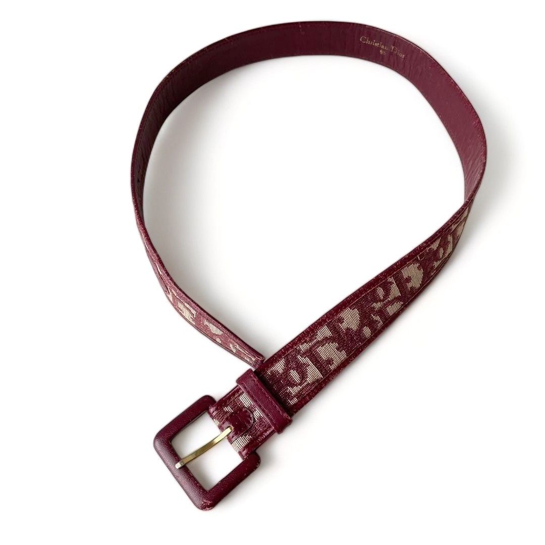 Dior - AW01 Leather Belt 65 Burgundy Beige Monogram