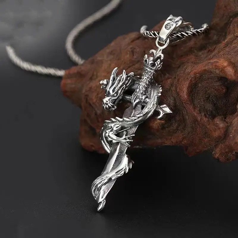 Diamond Pendant x Jewelry Punk Dragon Winding Knight Holy Sword Pendant Necklace in Silver, Men's