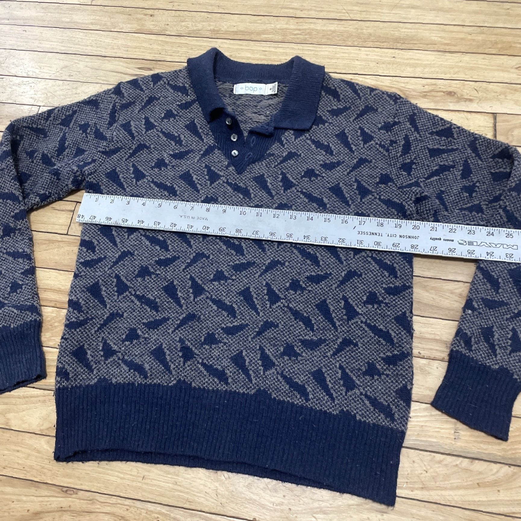 Vintage VINTAGE BOP Mens Sweater Geometric Wool Rugby Retro Pullover, M, Gray/Blue, Geometric, Wool, Vintage, Grunge, Classic Fit, Winter, Wool, Knit's? Size US M / EU 48-50 / 2 - 6 Thumbnail