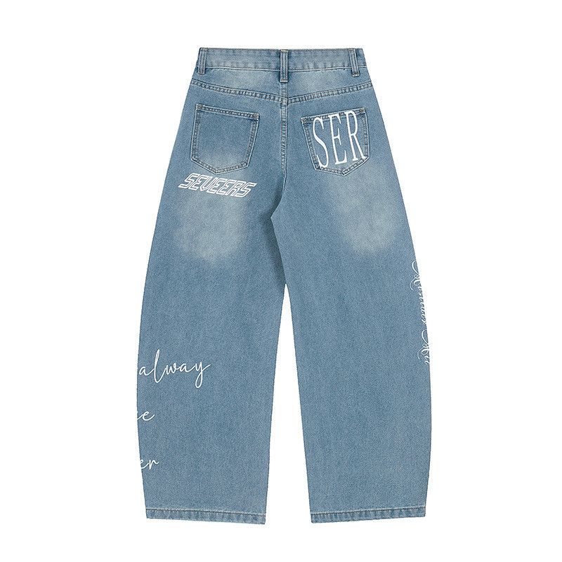 Vintage American washed retro letter print wide-leg jeans for men Size US 32 / EU 48 - 2 Thumbnail