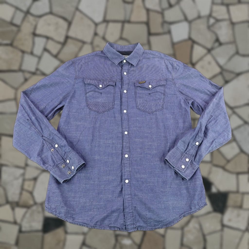 VINTAGE G-Star Raw Shirt Mens XL Blue Chambray Button-Up Western Long Sleeve Pearl Snap Cowboy