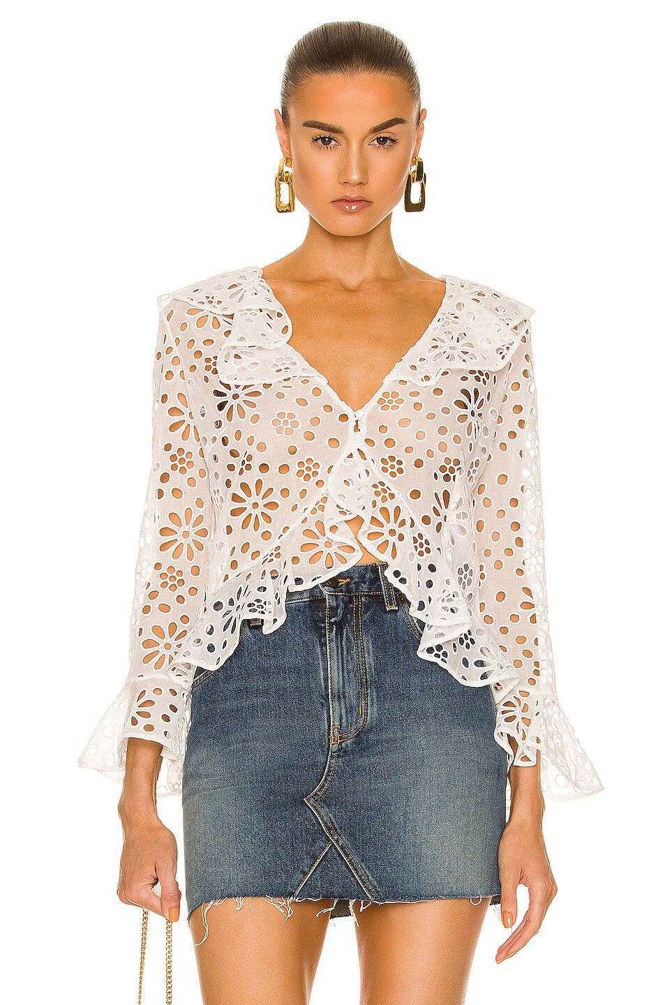 Saint Laurent Paris o1s1wg111124 Blouse Broderie Anglaise Cotton Voile in White Size M / US 6-8 / IT 42-44 - 1 Thumbnail