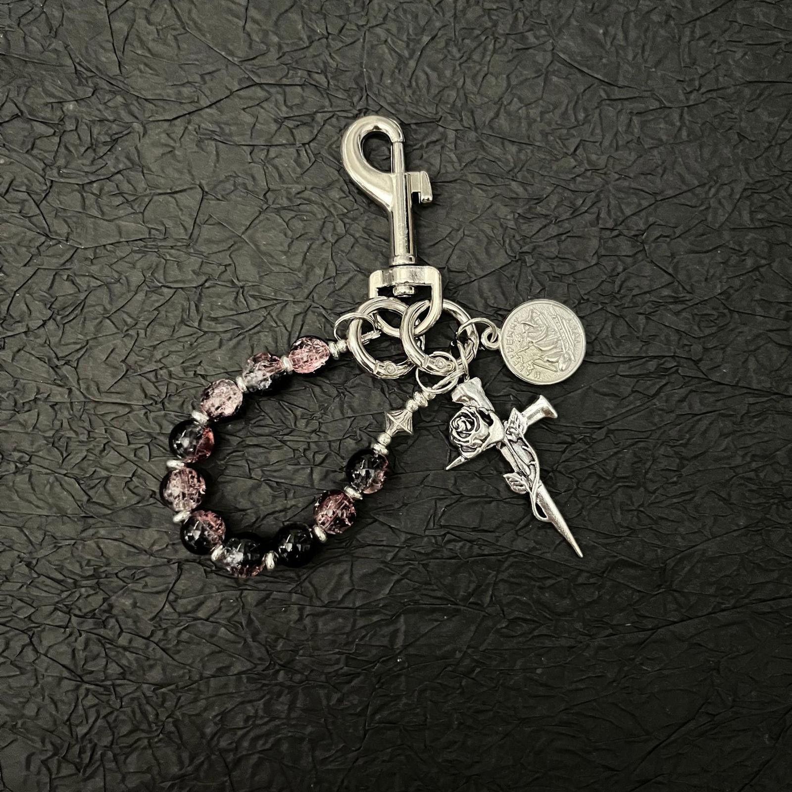 Jewelry Silver Beaded Keychain with Rose and Dagger Charms Size ONE SIZE - 8 Thumbnail