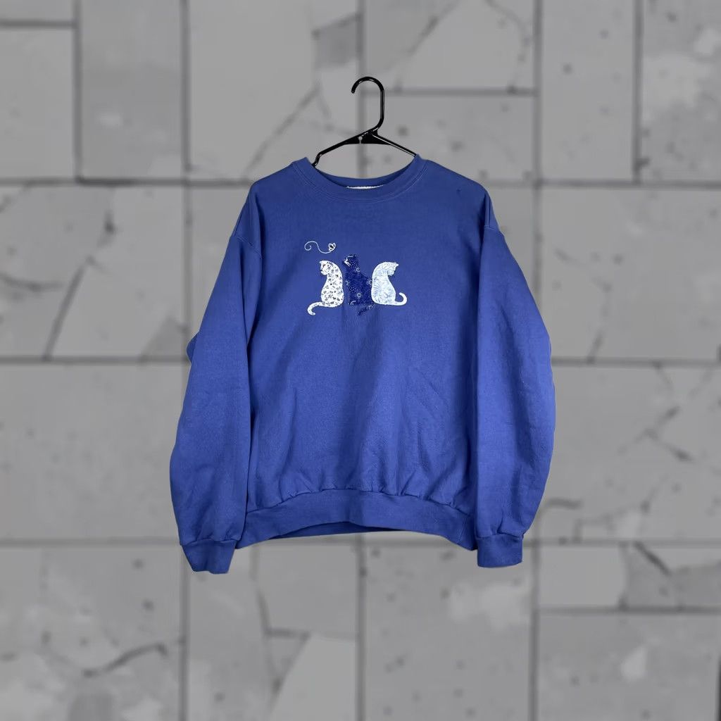 Vintage Morning Sun Sweatshirt Womens Large Blue Cat Embroidered Pullover Top Stitch Size L / US 10 / IT 46 - 1 Thumbnail
