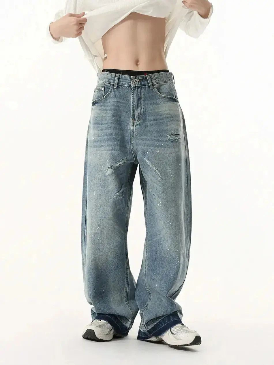 Japanese Brand Retro straight leg fringed cat whisker jeans Size US 32 / EU 48 - 3 Thumbnail