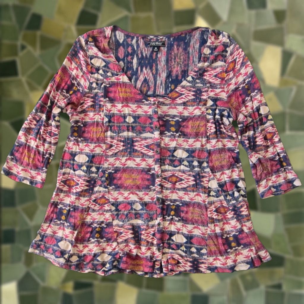 Lucky Brand VINTAGE Lucky Brand Blouse Shirt M Pink Blue Yellow 100% Rayon Button Down 3/4 Sleeve Tunic Batik Peasant Womens Size M / US 6-8 / IT 42-44 - 1 Thumbnail