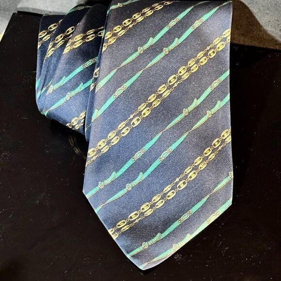 Gucci Gucci Logo Silk Tie Kelly Green Blue Striped Gold Link Chain Size ONE SIZE - 3 Thumbnail