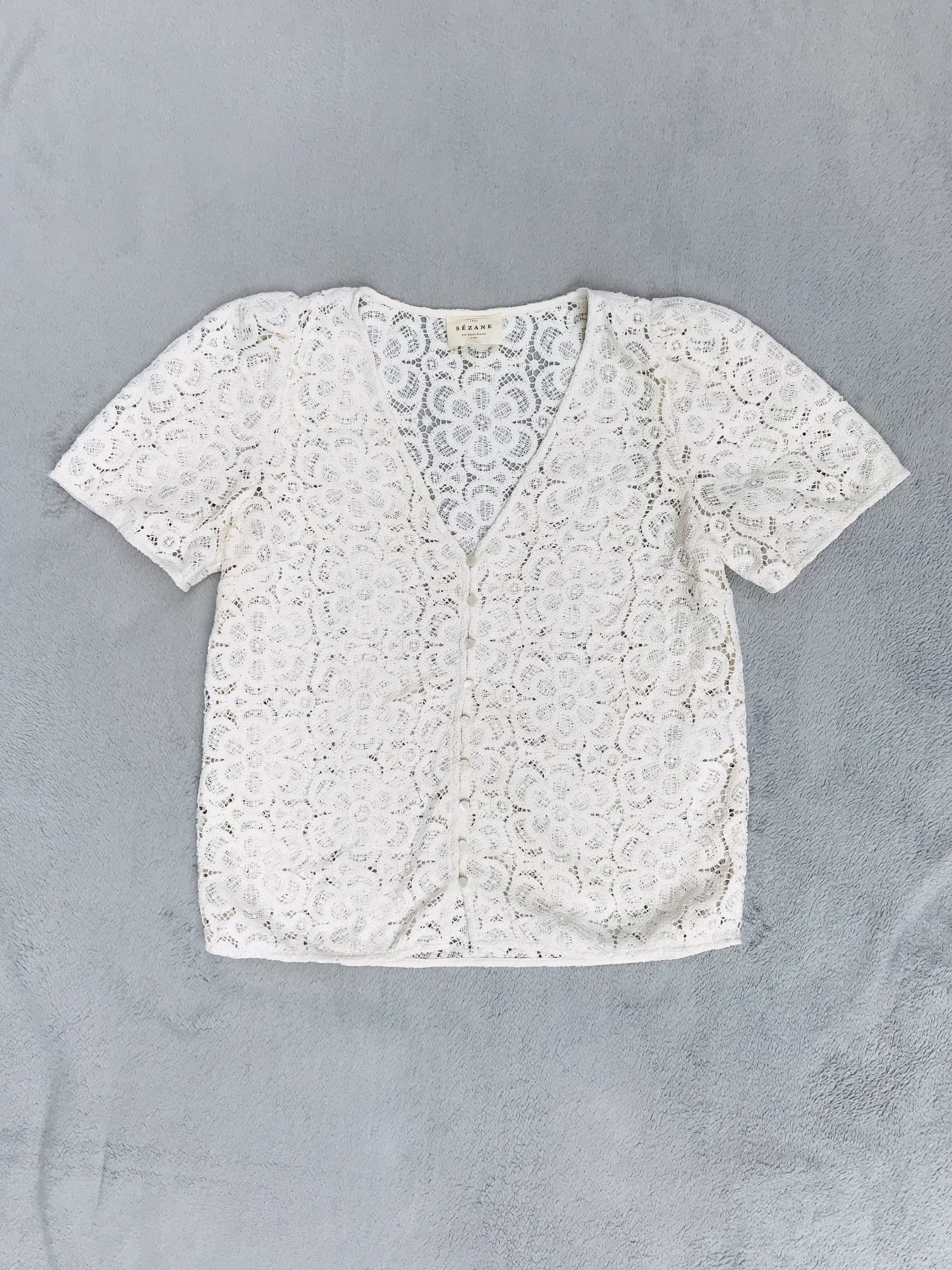 Sezane Sezane Paris Emma Blouse Ecru Lace T-shirt Top Button Size XS / US 0-2 / IT 36-38 - 6 Thumbnail