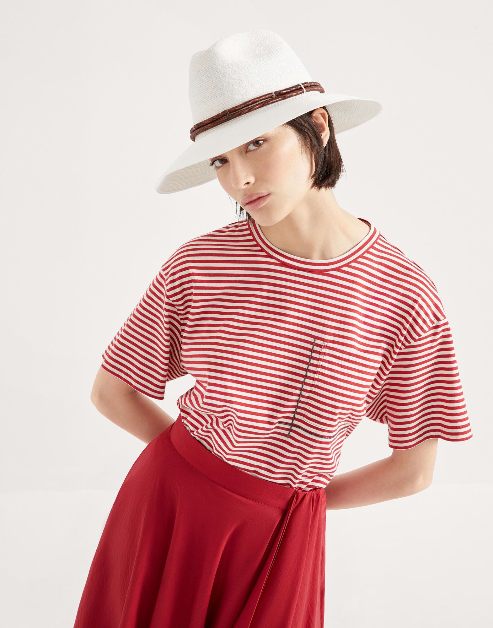 Brunello Cucinelli o1la1rc1a0326 Striped Jersey Cropped T-Shirt in Red Size S / US 4 / IT 40 - 4 Thumbnail