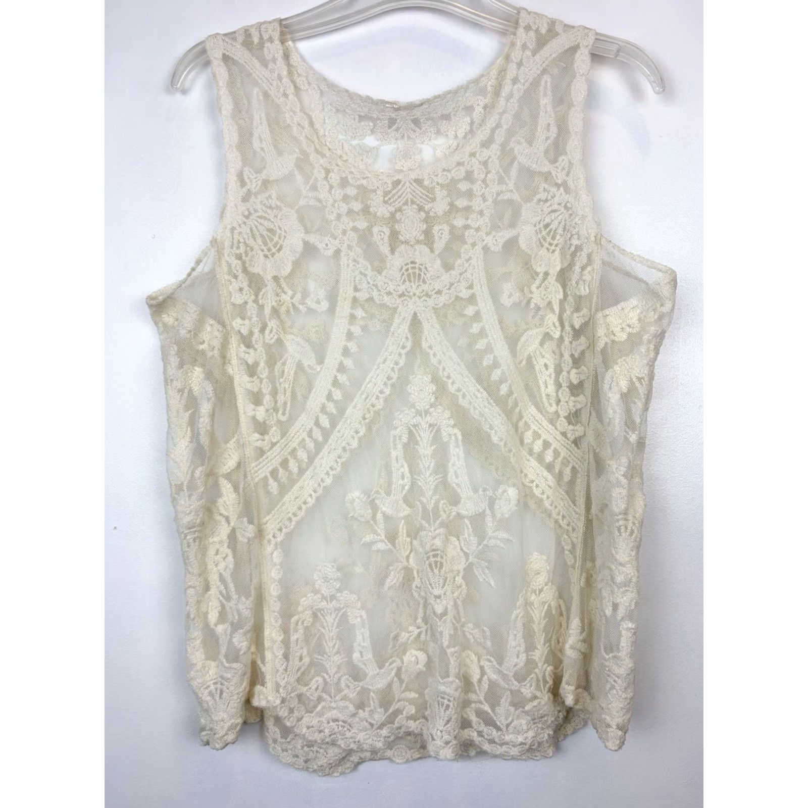 Vintage Ivory Sheer Embroidered Lace Tank Top Medium Womens Festival Boho Hippie Size S / US 4 / IT 40 - 2 Thumbnail