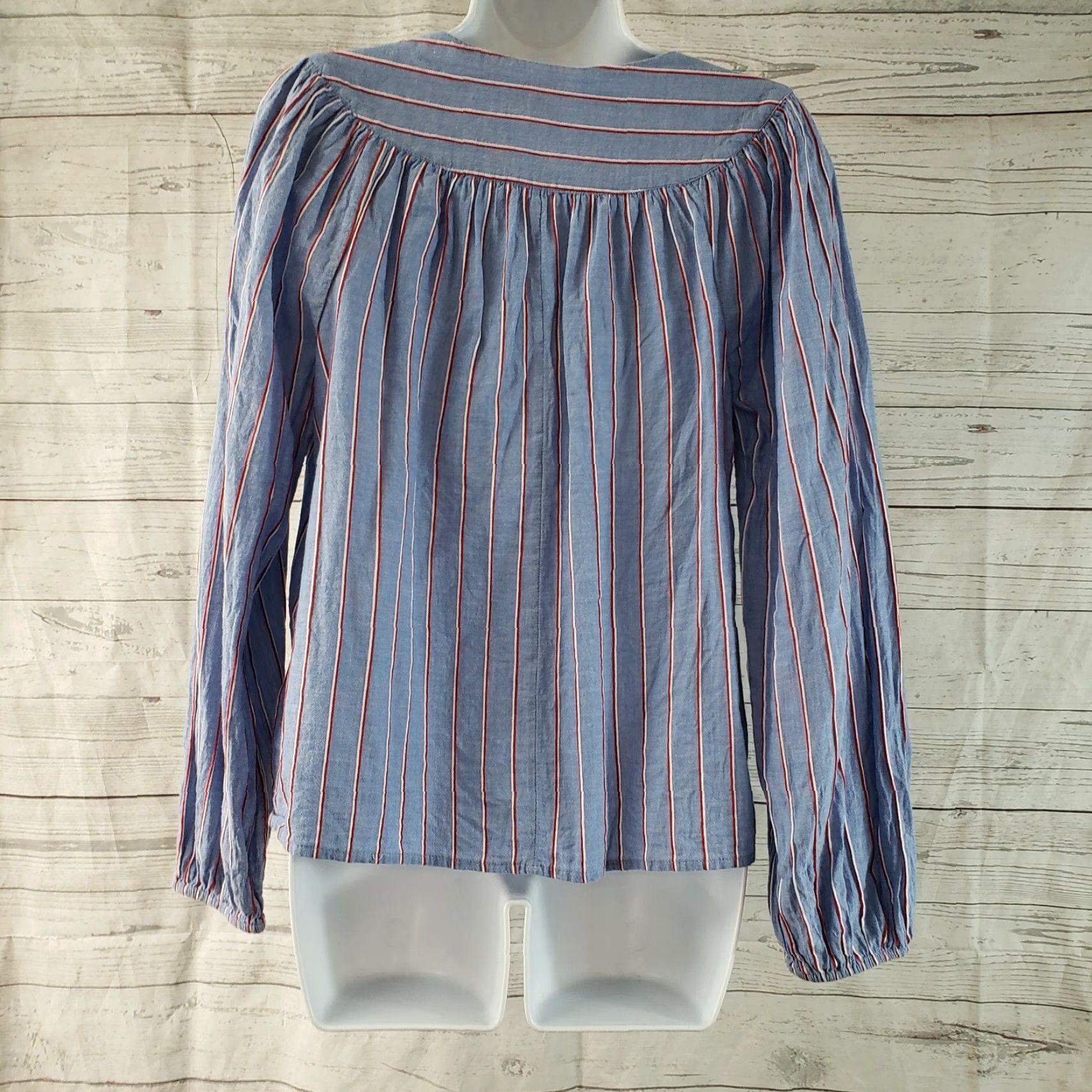 Gap Gap Blouse Shirt Blue Striped Long Sleeve V-Neck 100% Cotton M Womens Size M / US 6-8 / IT 42-44 - 4 Thumbnail