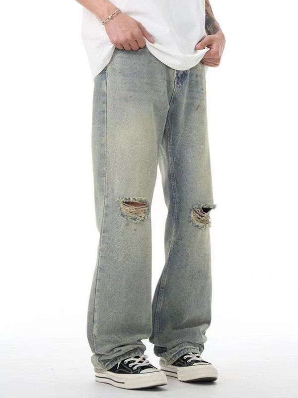 Japanese Brand Light blue loose washed distressed jeans with holes Size US 34 / EU 50 - 4 Thumbnail