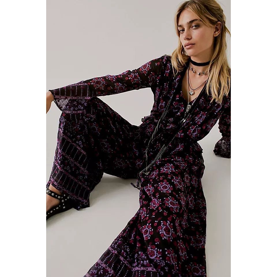 Free People New FP x Anna Sui Cassiel Abstract Floral Jumpsuit $298 Sz L Size 34" / US 12 / IT 48 - 2 Thumbnail