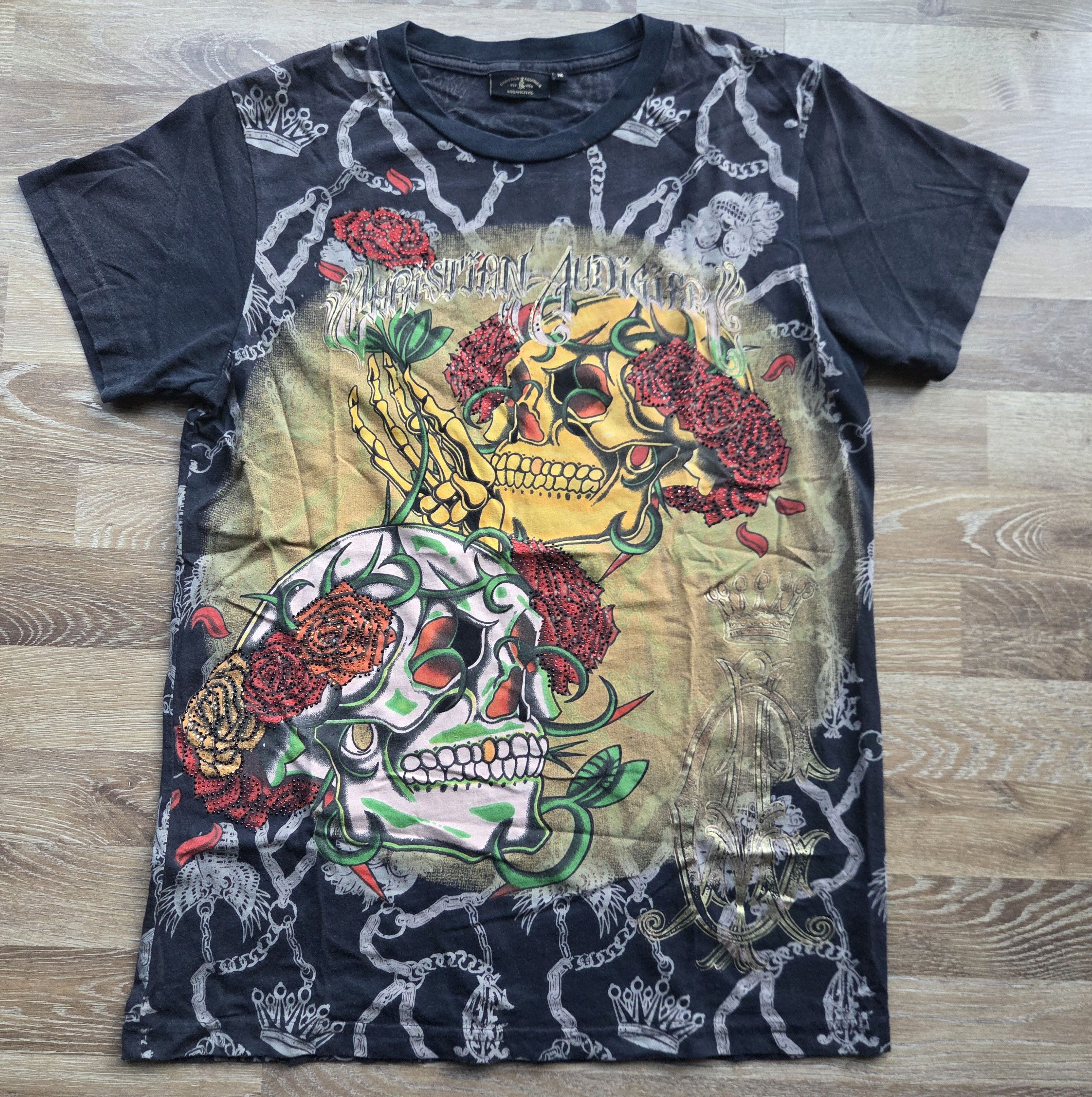 Christian Audigier Vintage y2k Christian Audigier Skull Roses Rhinestone Shirt Size M / US 6-8 / IT 42-44 - 1 Thumbnail