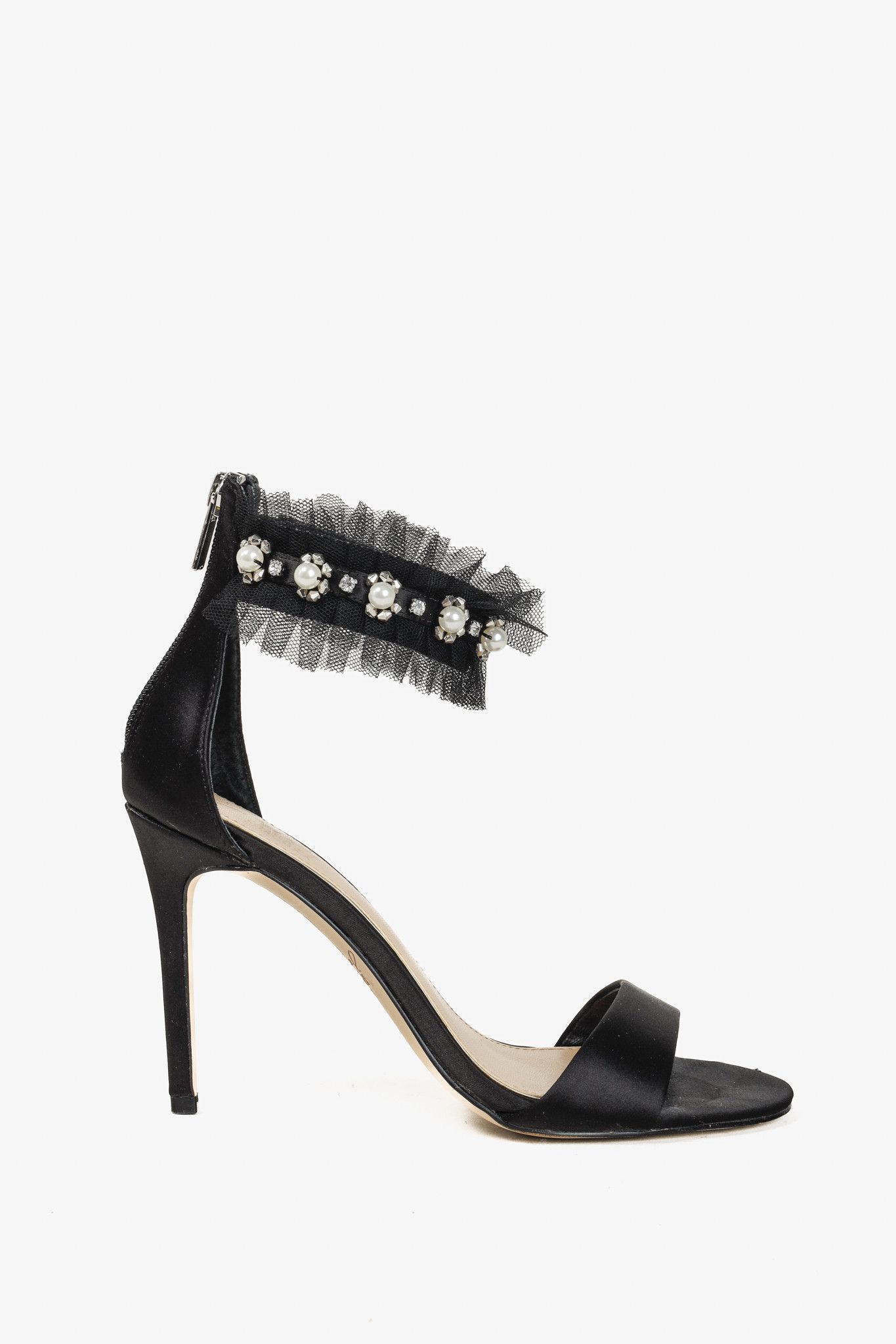 Badgley Mischka Jewel Black Tulle Ruffle and Pearl Sandals