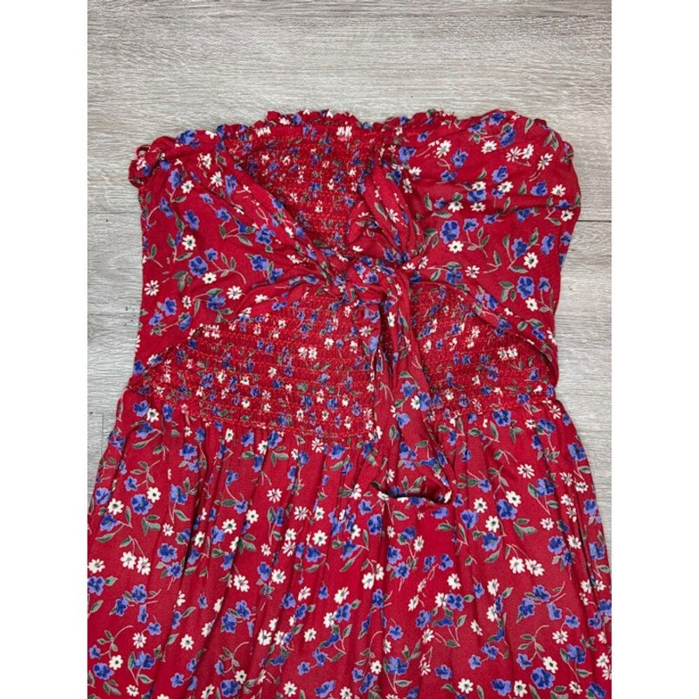 Other Red Floral Strapless Wide Leg Jumpsuit Smocked Tie Front Sm Size 28" / US 6 / IT 42 - 2 Thumbnail