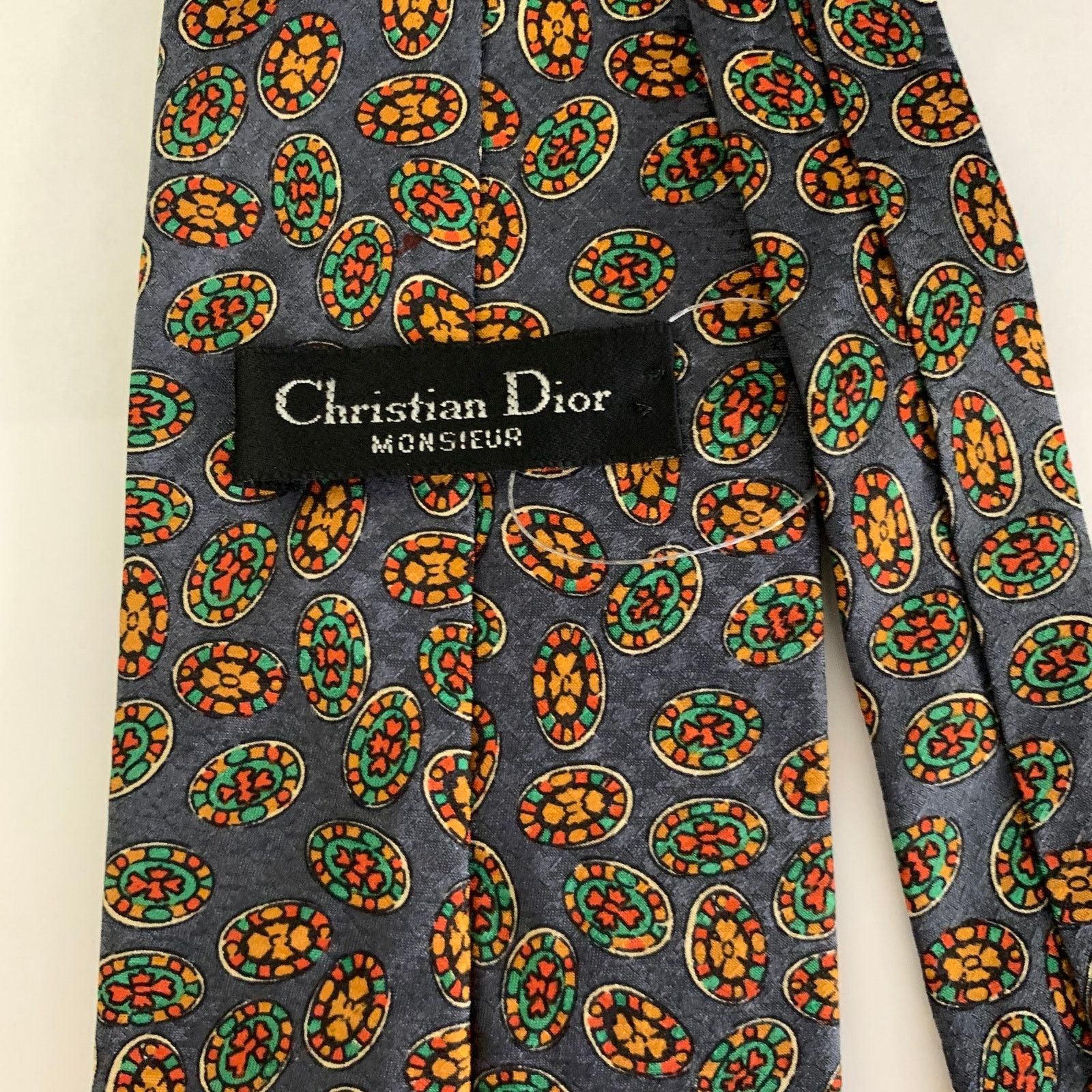 Dior CHRISTIAN DIOR Grey Multi-Color Geometric Silk Tie Size ONE SIZE - 2 Thumbnail