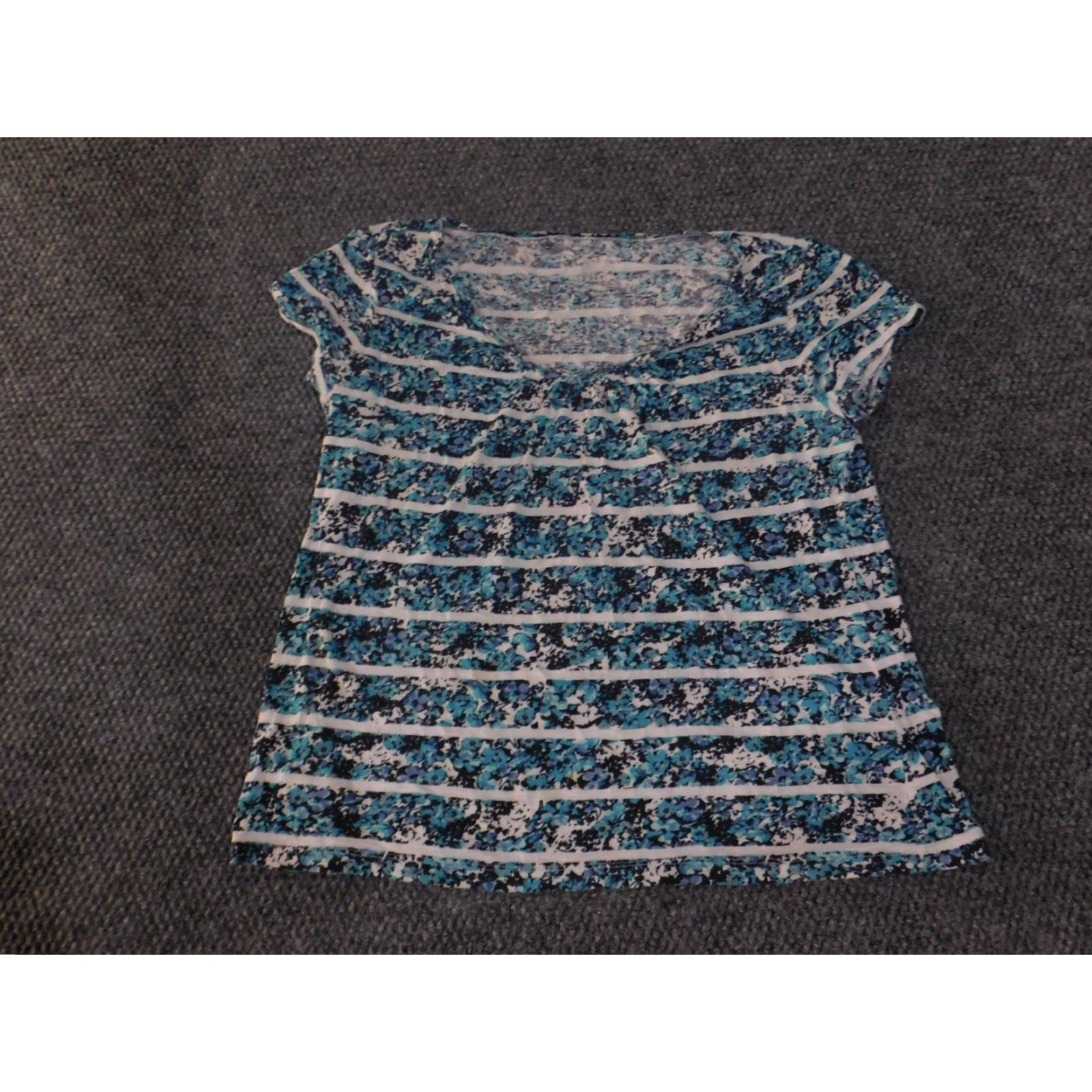 Loft Ann Taylor LOFT Shirt Womens XL Blue White Floral Stripe Short Sleeve Scoop Neck Size XL / US 12-14 / IT 48-50 - 2 Thumbnail