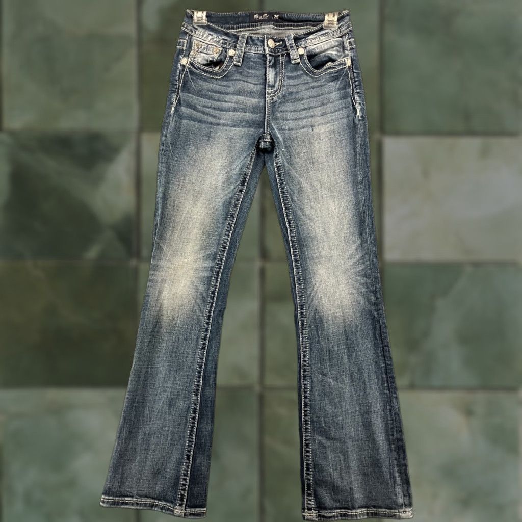 Miss Me Miss Me Women's Dark Blue Bootcut Jeans 25 Mid Rise Embroidered Rhinestone Studded Denim 90s Western Y2K Size 42" / US 20 - 1 Thumbnail