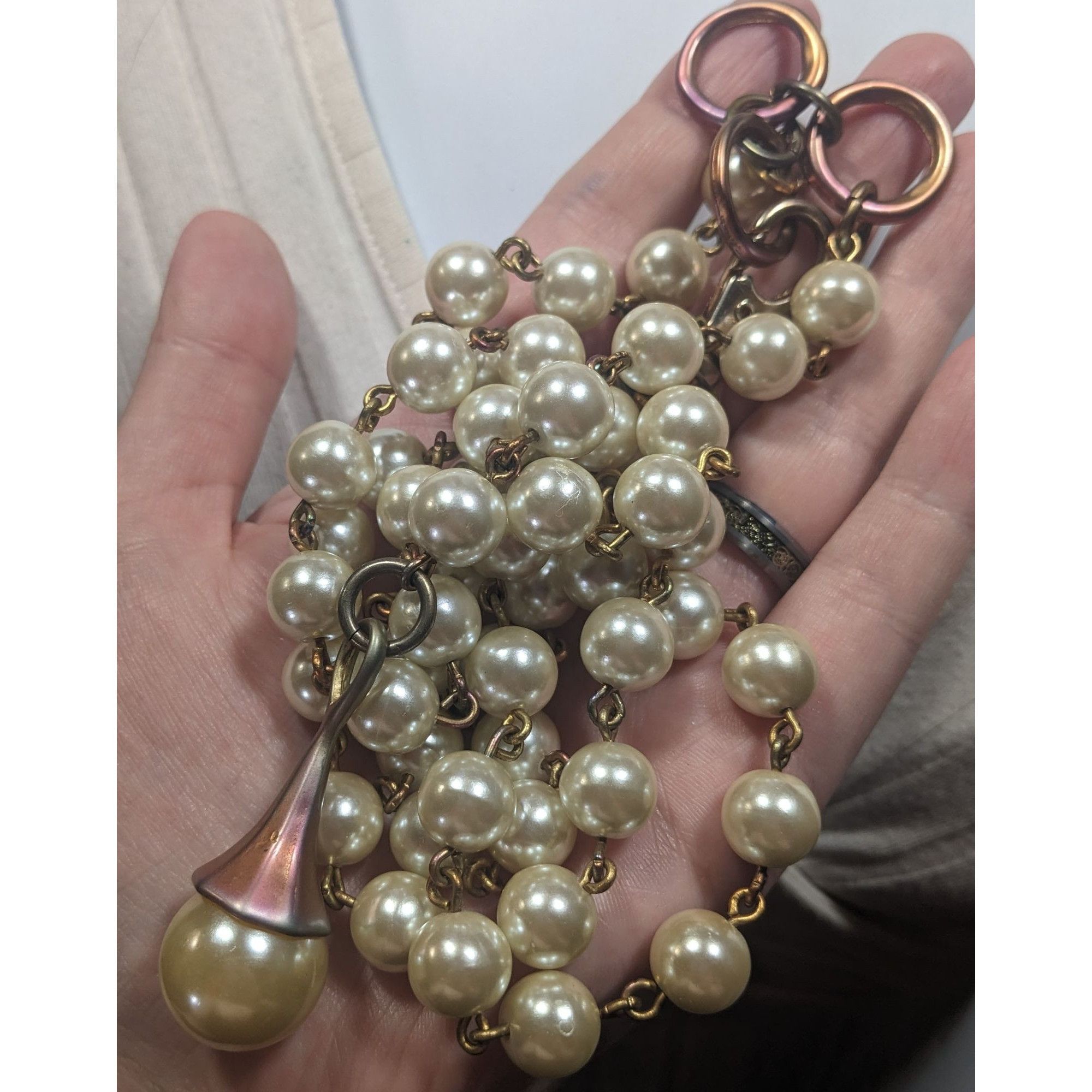 Other Vintage Korean EXP Faux Pearl Anodized Gold Tone Y Drop Neck Size ONE SIZE - 7 Thumbnail