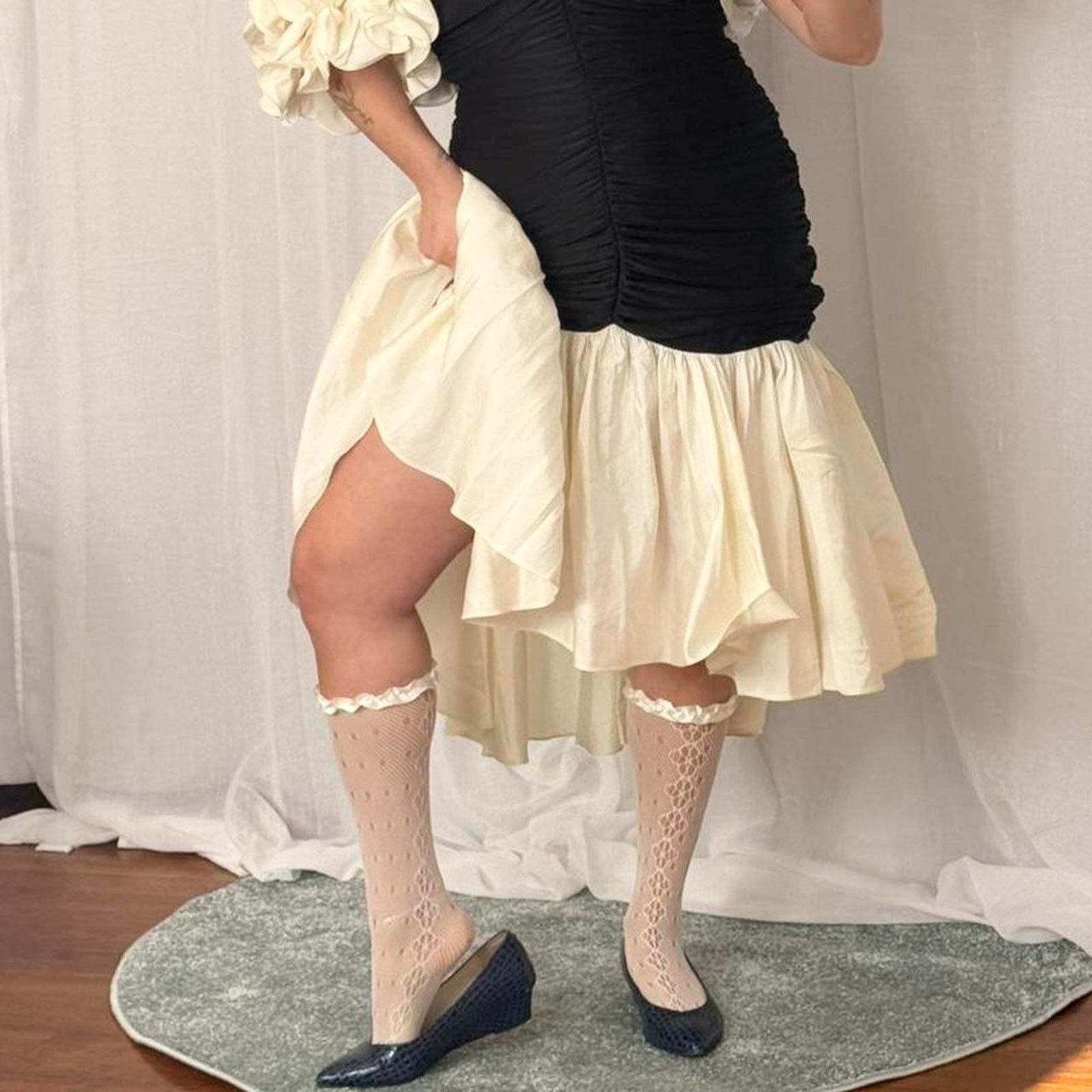 Vintage black + ivory ruffle couture dress Size L / US 10 / IT 46 - 3 Thumbnail