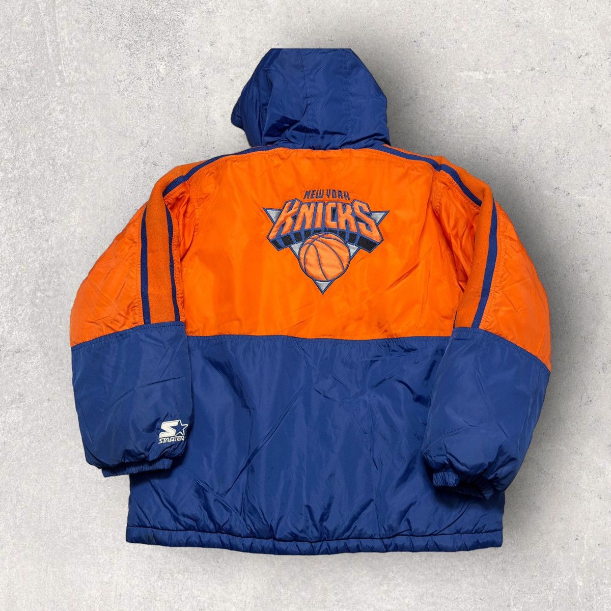 image of NBA x Starter Vintage New York Knicks Puffer Jacket in Orange, Women's (Size Large)