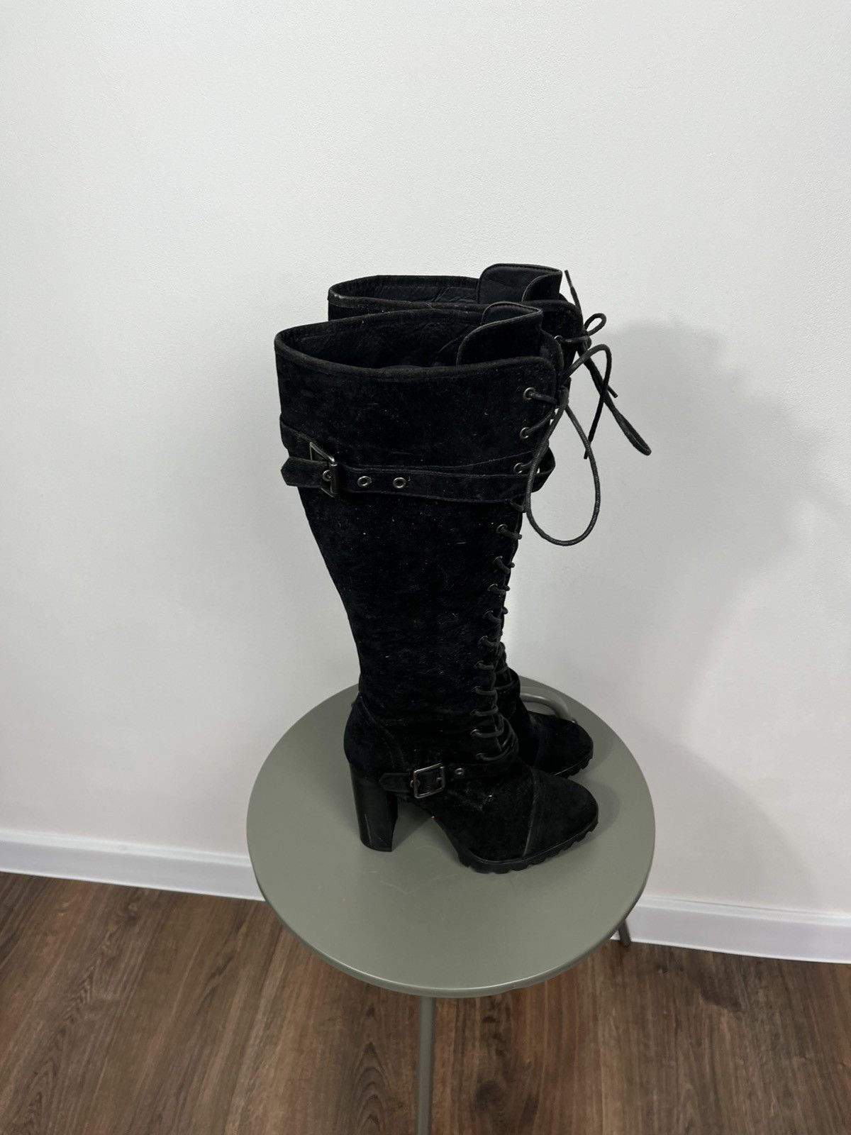 Other Black Suede Knee High Lace Up Platform Heeled Boots US 9 Size US 9 / IT 39 - 9 Thumbnail