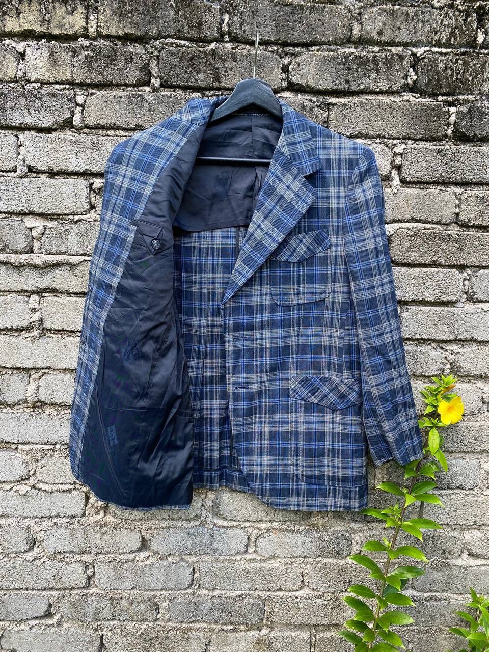 Lanvin × Vintage Vintage 90s Lanvin Blue Checker Wool Double Breasted Size 48R - 6 Thumbnail