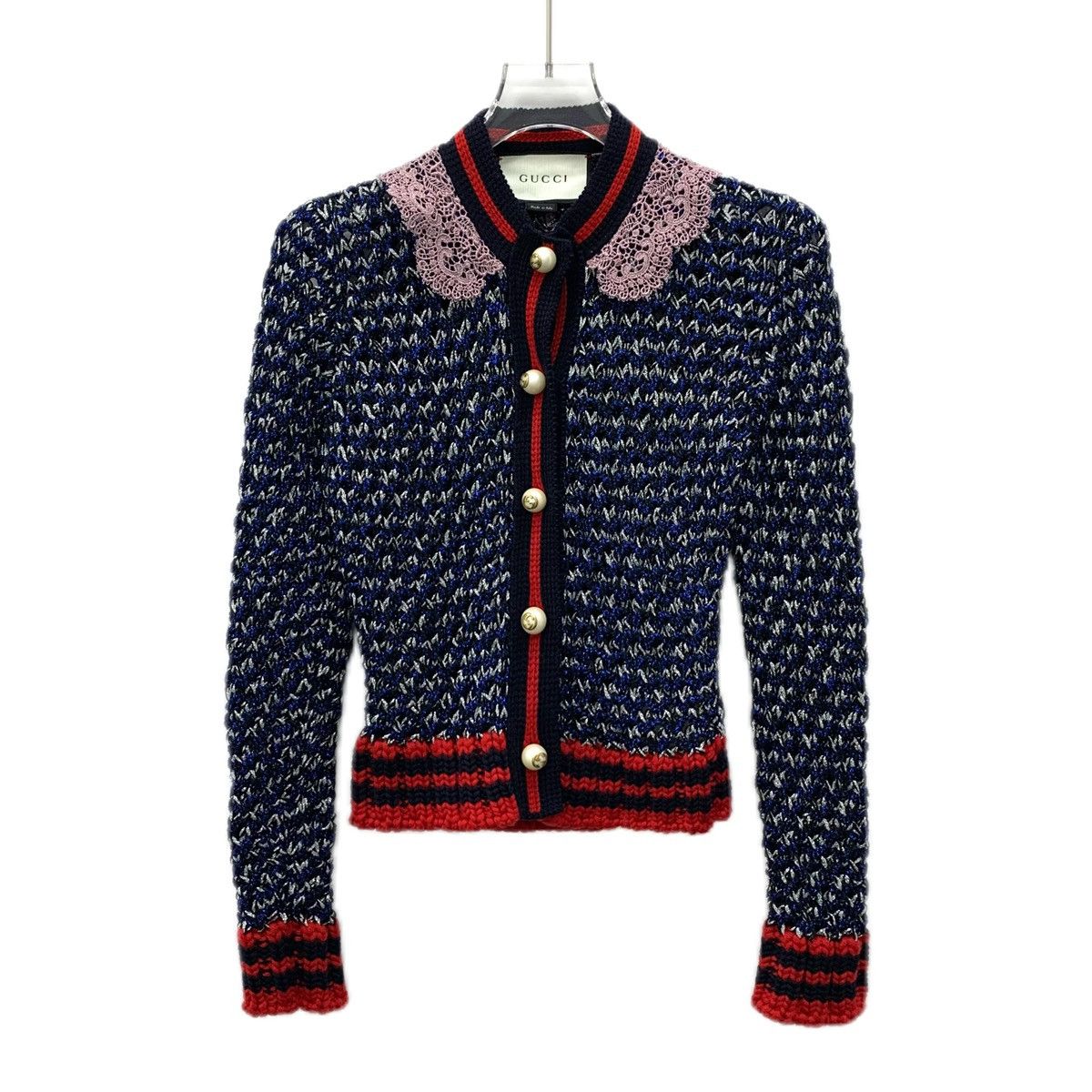 Gucci Navy Blue Striped Lace Pearl Button Knit Cardigan