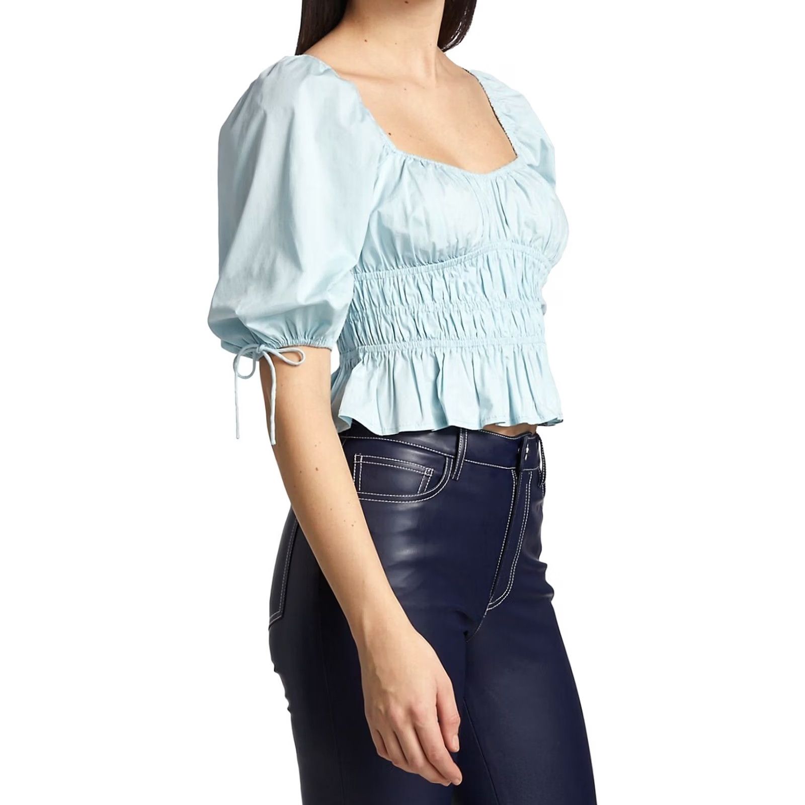 Staud STAUD Faye Smocked Ruffle Blouse Cotton Blend Winter Sky Blue Women's 10 (M) Regular Puff Sleeve Cropped Square Neck Blouse Size L / US 10 / IT 46 - 4 Thumbnail
