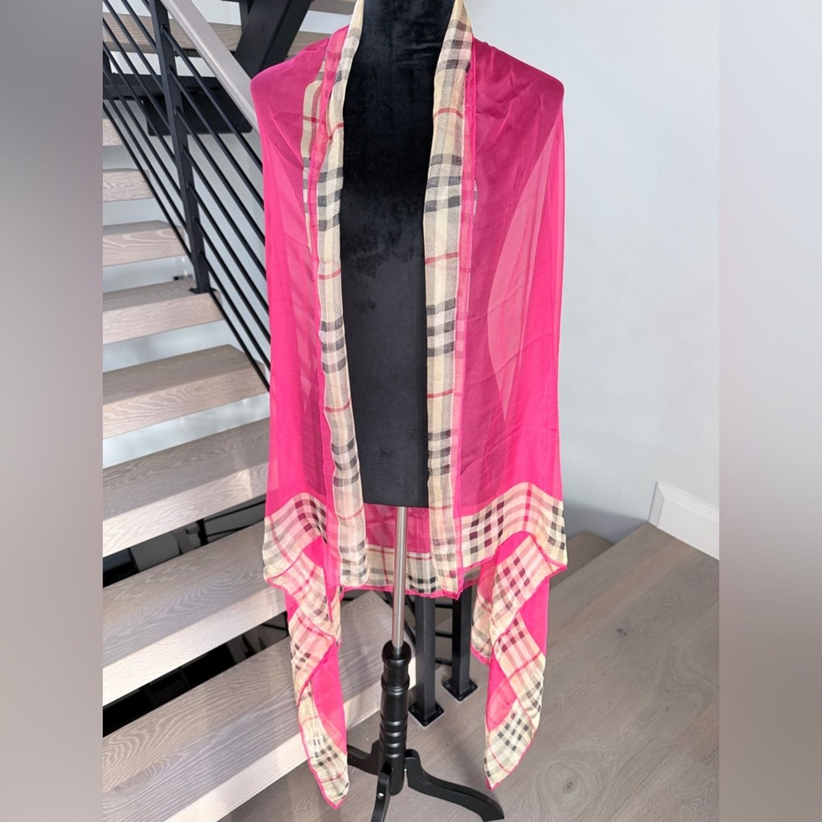 Other Pink Boho Vintage Sheer Scarf Cover up with Plaid Trim 67*42 Size ONE SIZE - 1 Thumbnail