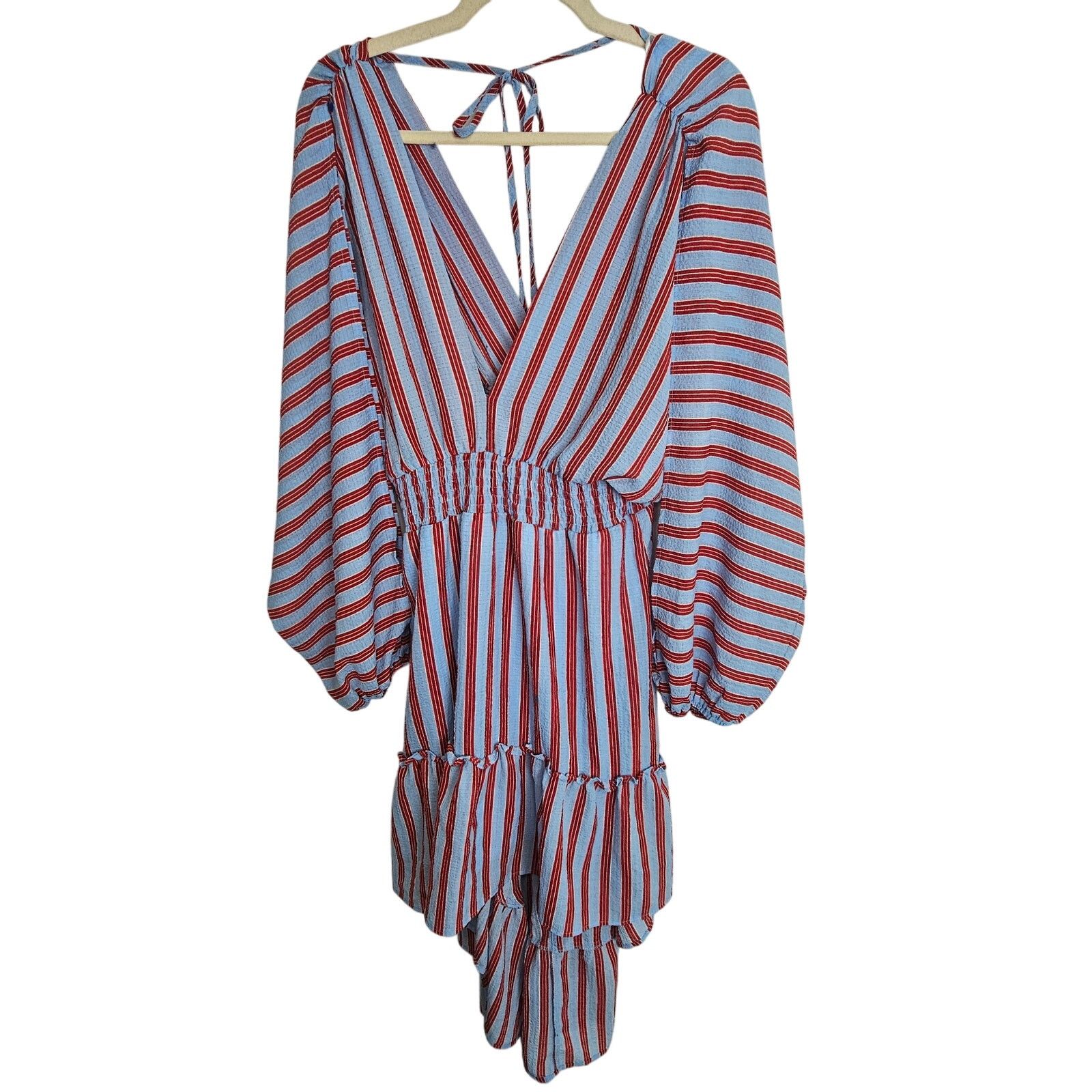 Lululemon Lulu's Dress Blue Red Striped Hi Low Dress Puff Sleeve L Size L / US 10 / IT 46 - 1 Thumbnail