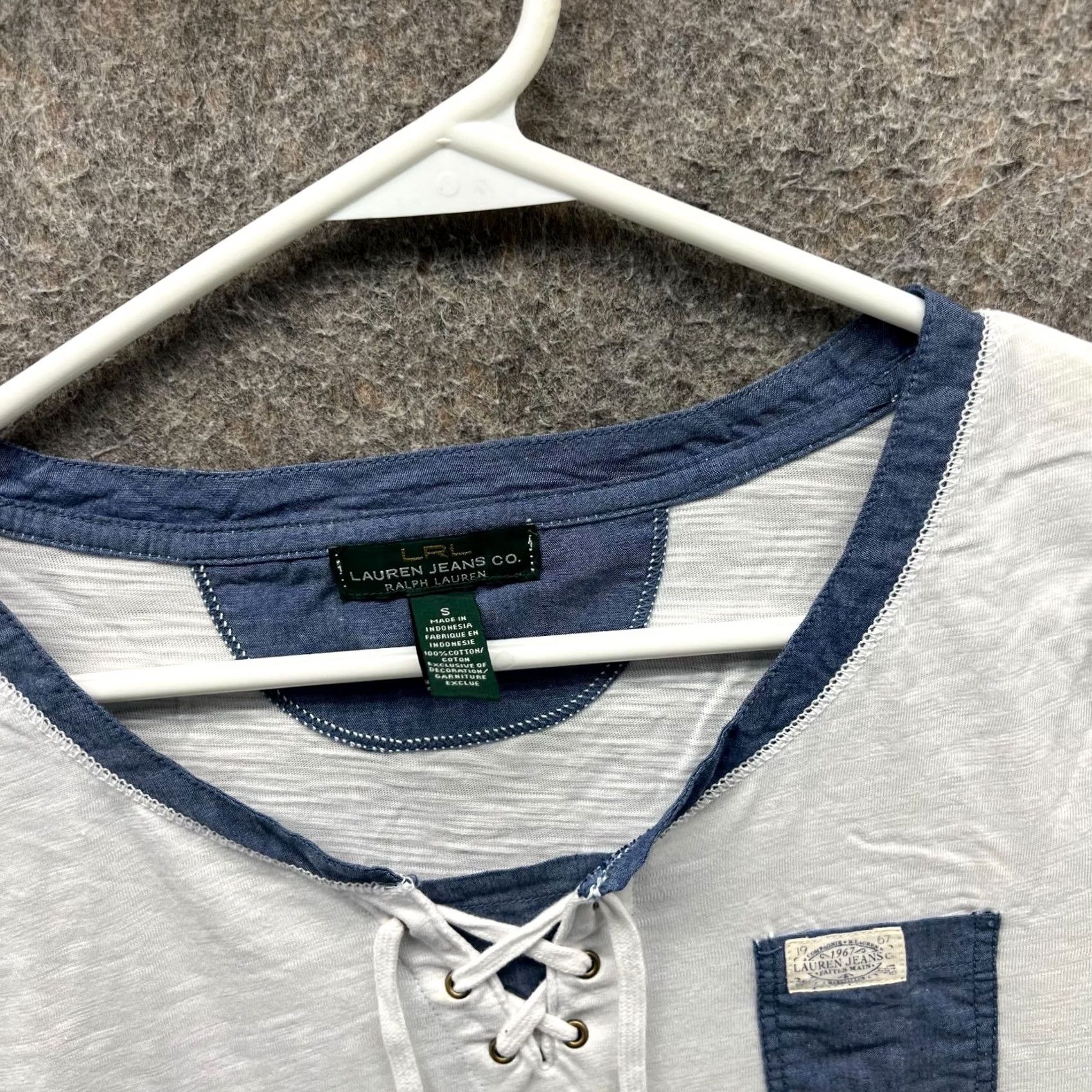 Ralph Lauren Ralph Lauren Shirt Womens Small White Blue Lace Up Pocket Cotton LRL Denim Shirt, Women, White, Small, Casual, Short Sleeve, Button Size S / US 4 / IT 40 - 7 Thumbnail