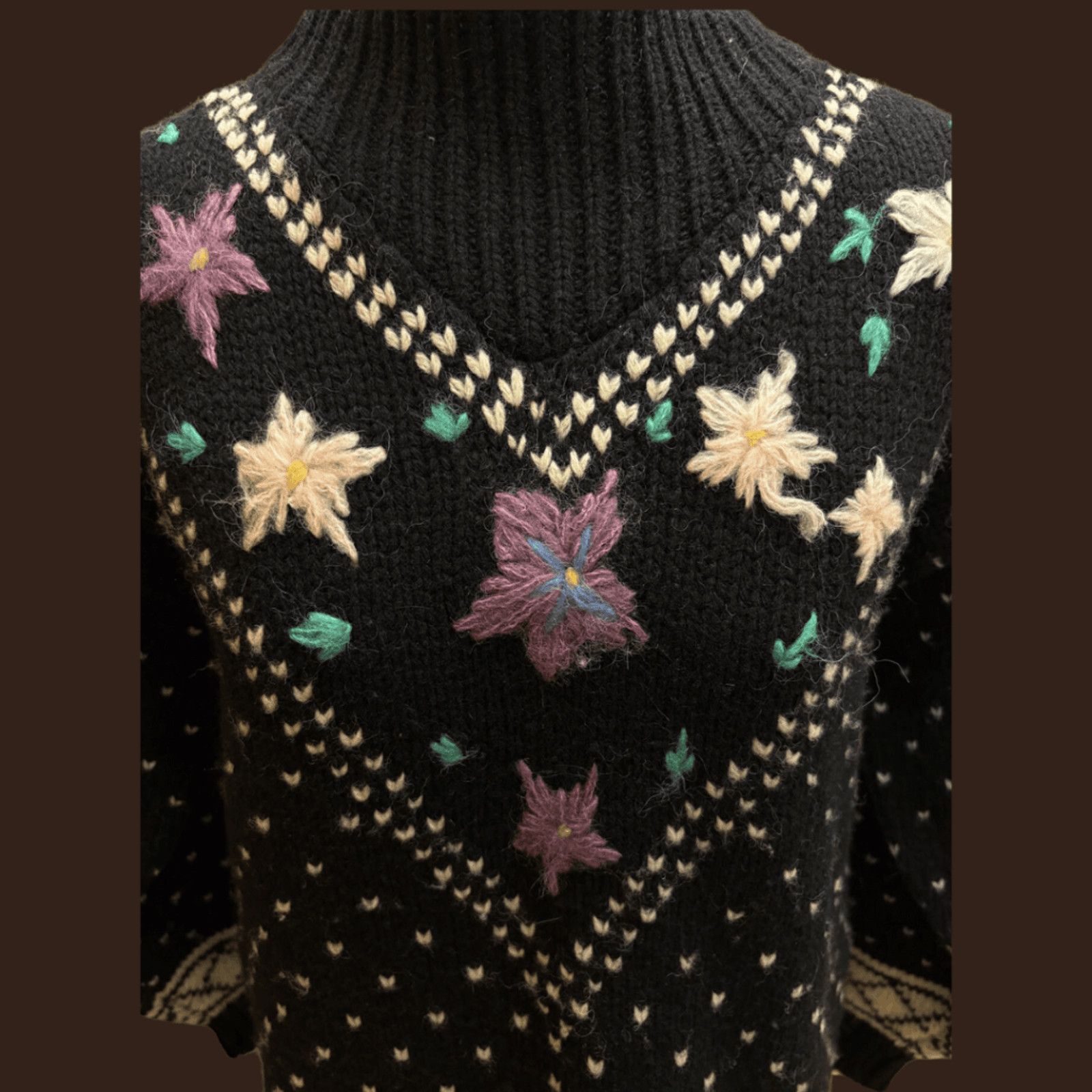 Vintage VTG Knit Sweater | Crescendo Floral Black Wool | 90s Indie Size S / US 4 / IT 40 - 4 Thumbnail