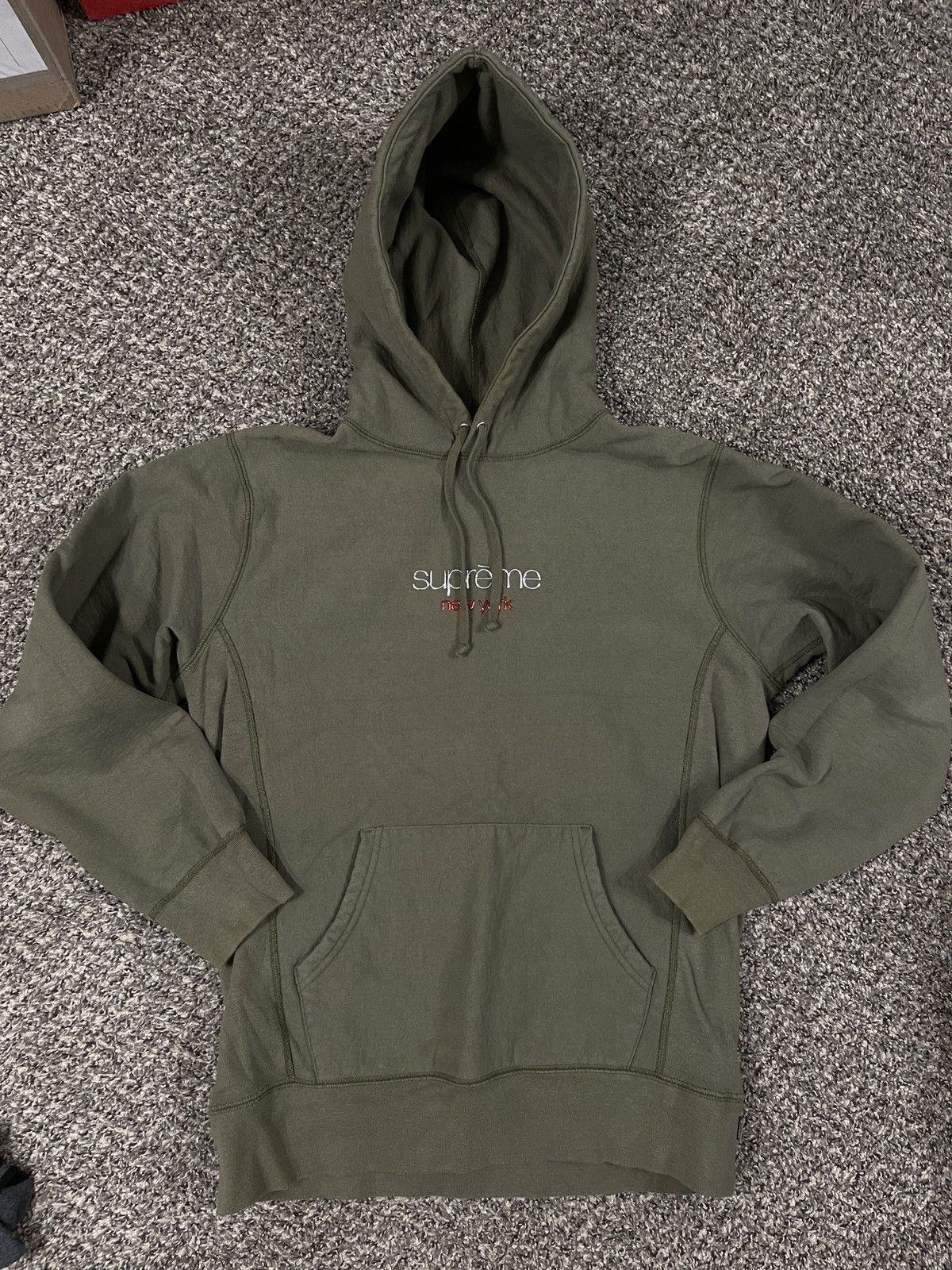 Supreme Supreme Olive Green Silver Red Applique Logo Hoodie Size L Grailed