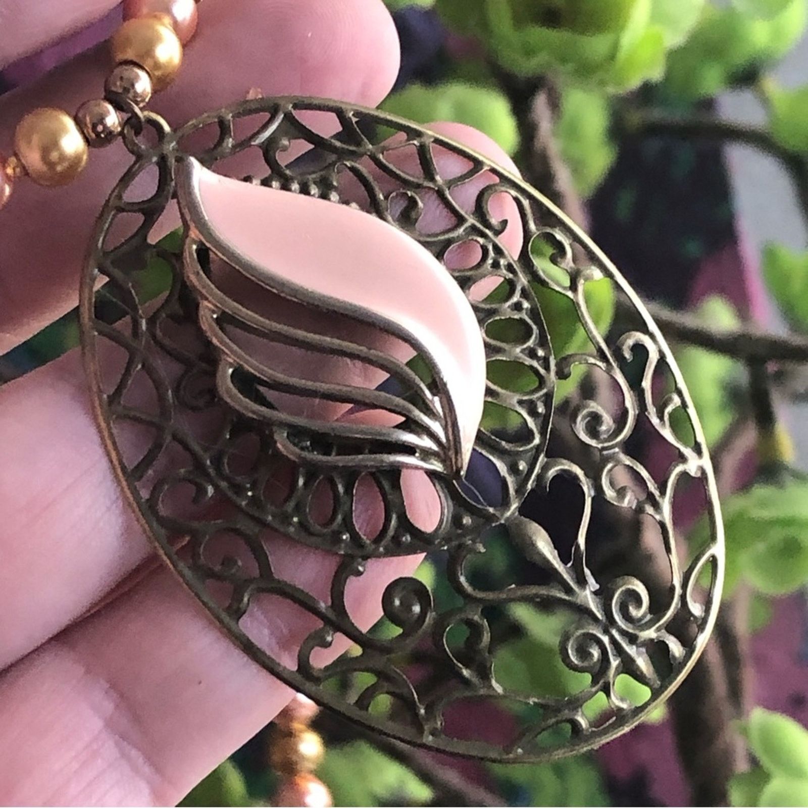 Handmade Handcrafted repurpose blush enamel filigree Pearl necklace Size ONE SIZE - 2 Thumbnail